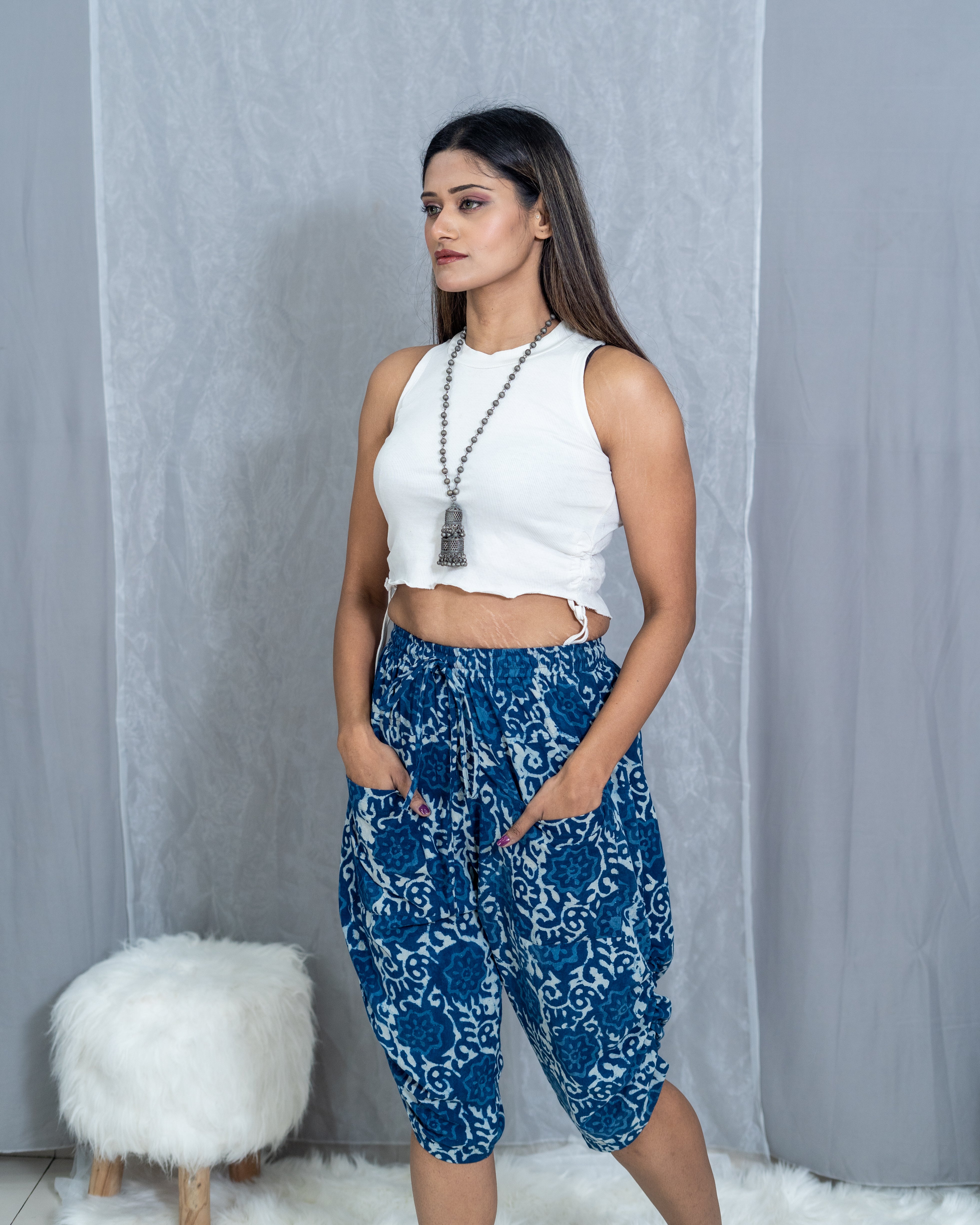 Indigo Dabu Floral Handblock printed cotton pants