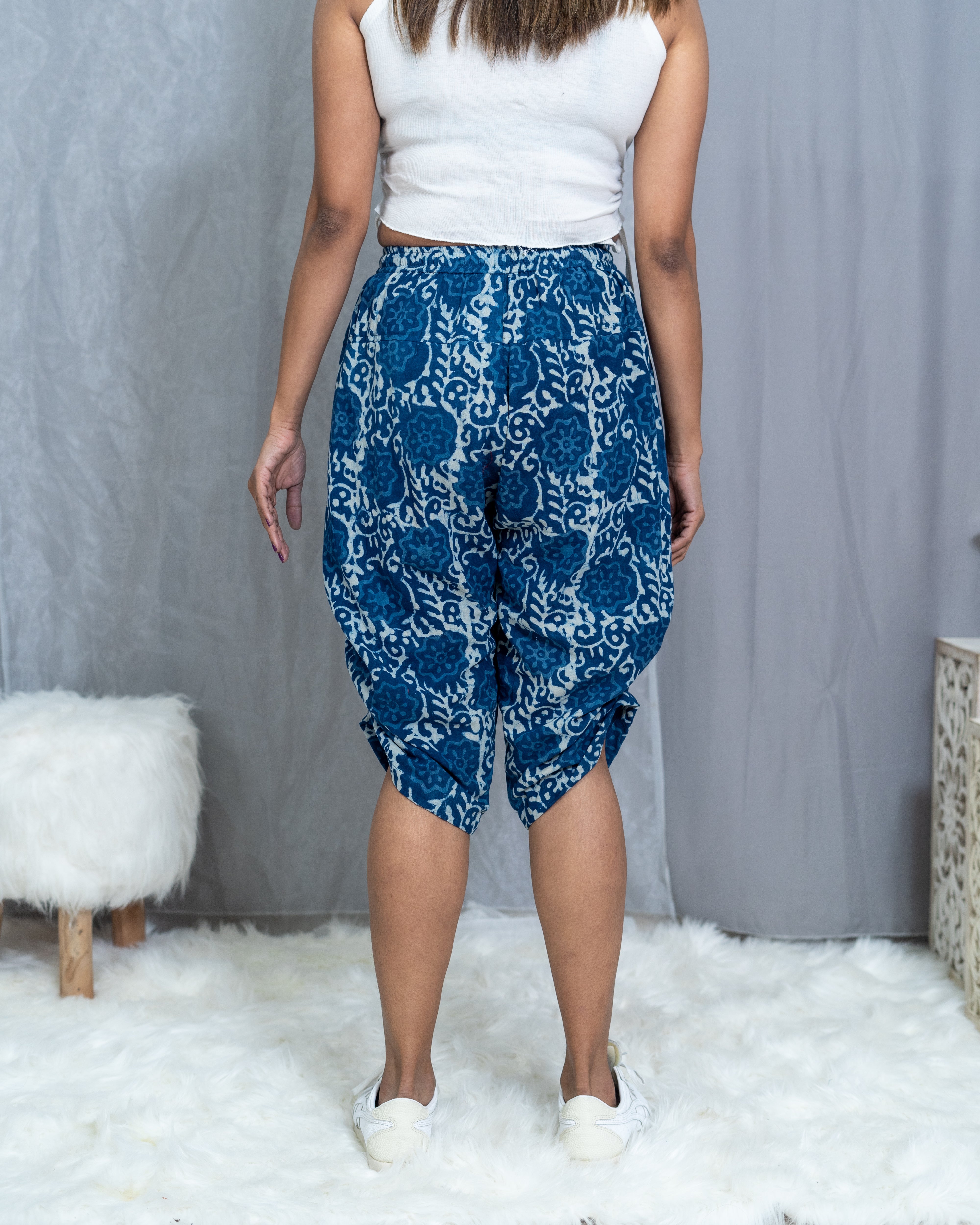 Indigo Dabu Floral Handblock printed cotton pants