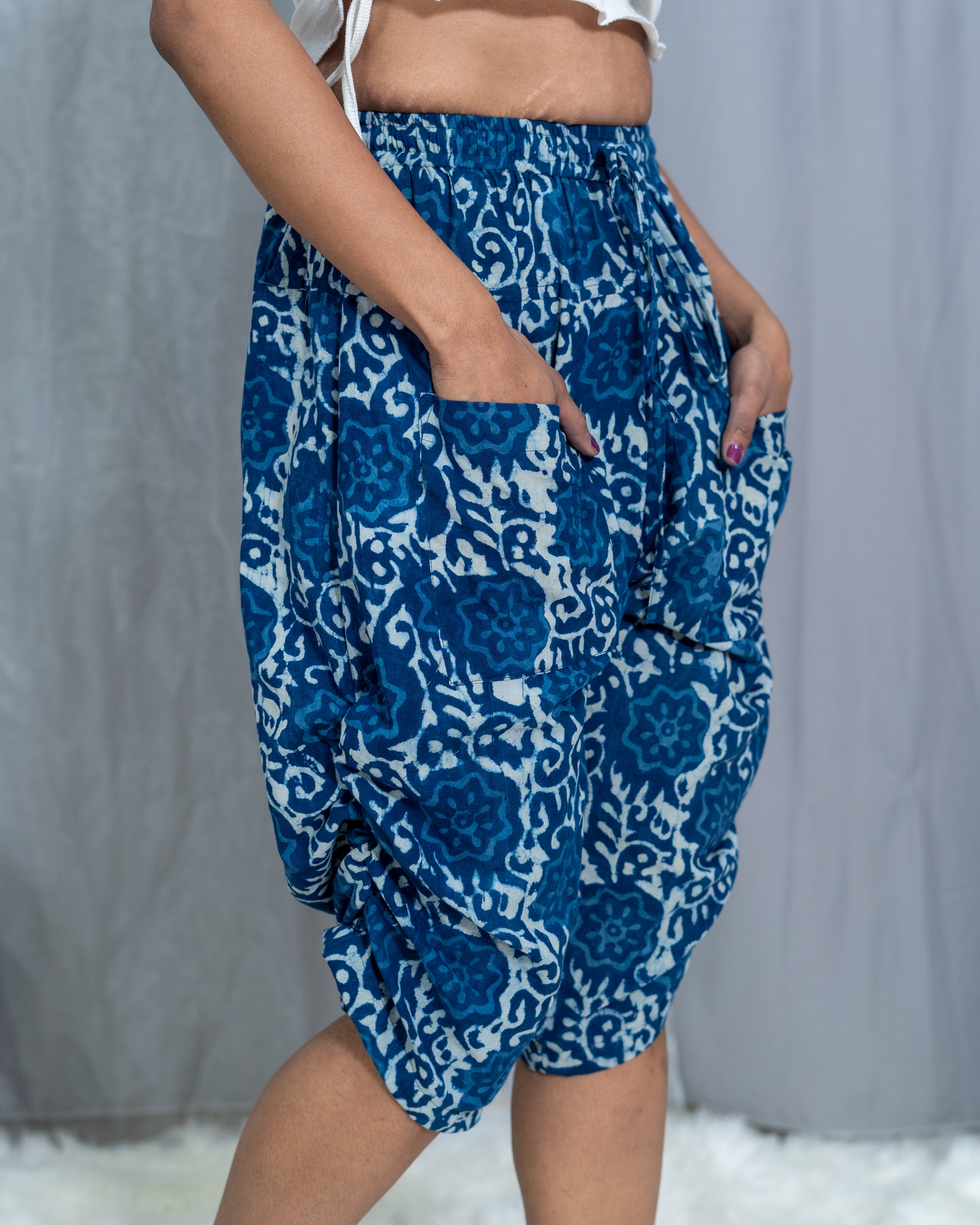 Indigo Dabu Floral Handblock printed cotton pants