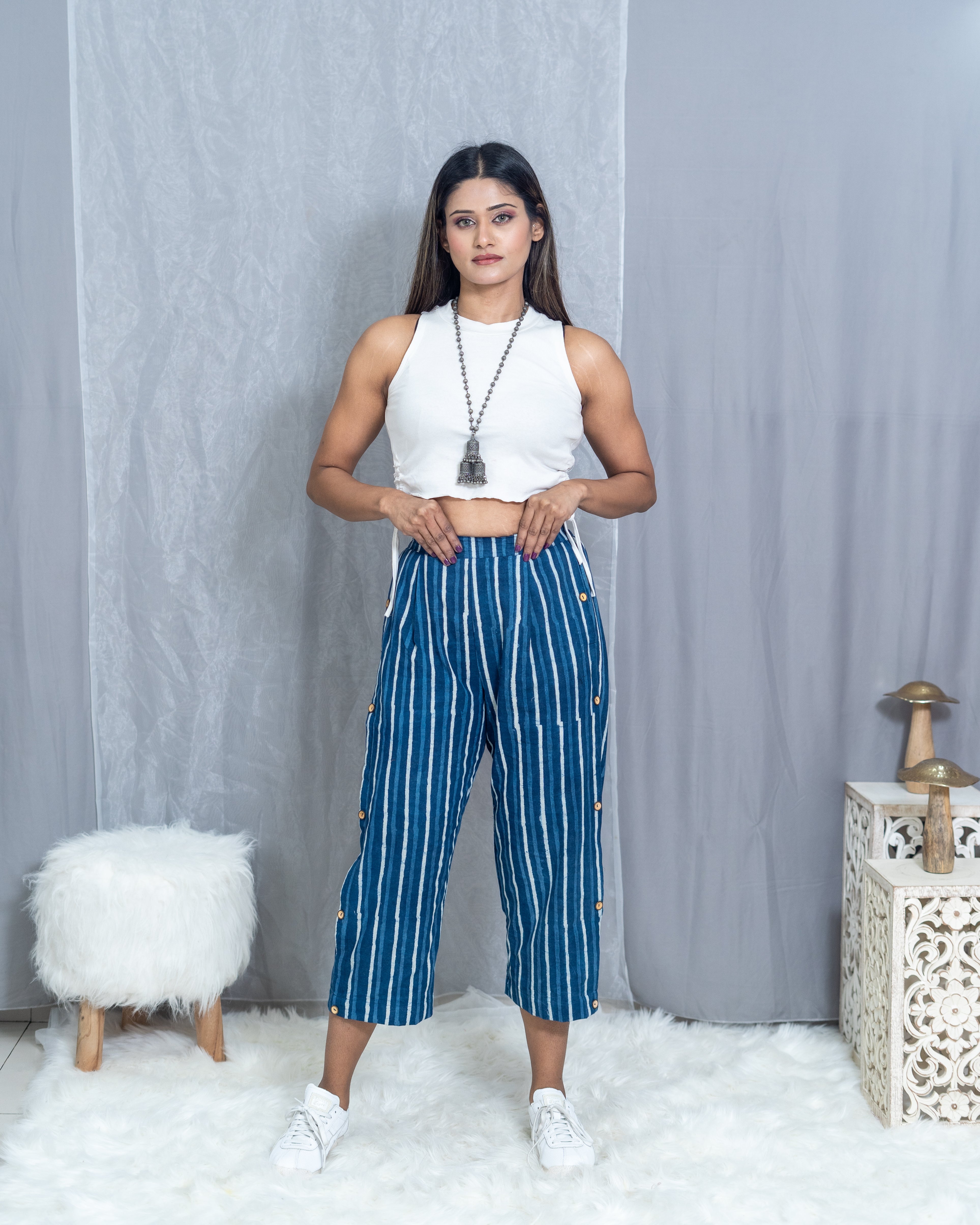 Indigo Dabu Handblock Printed Striped Cotton Pants
