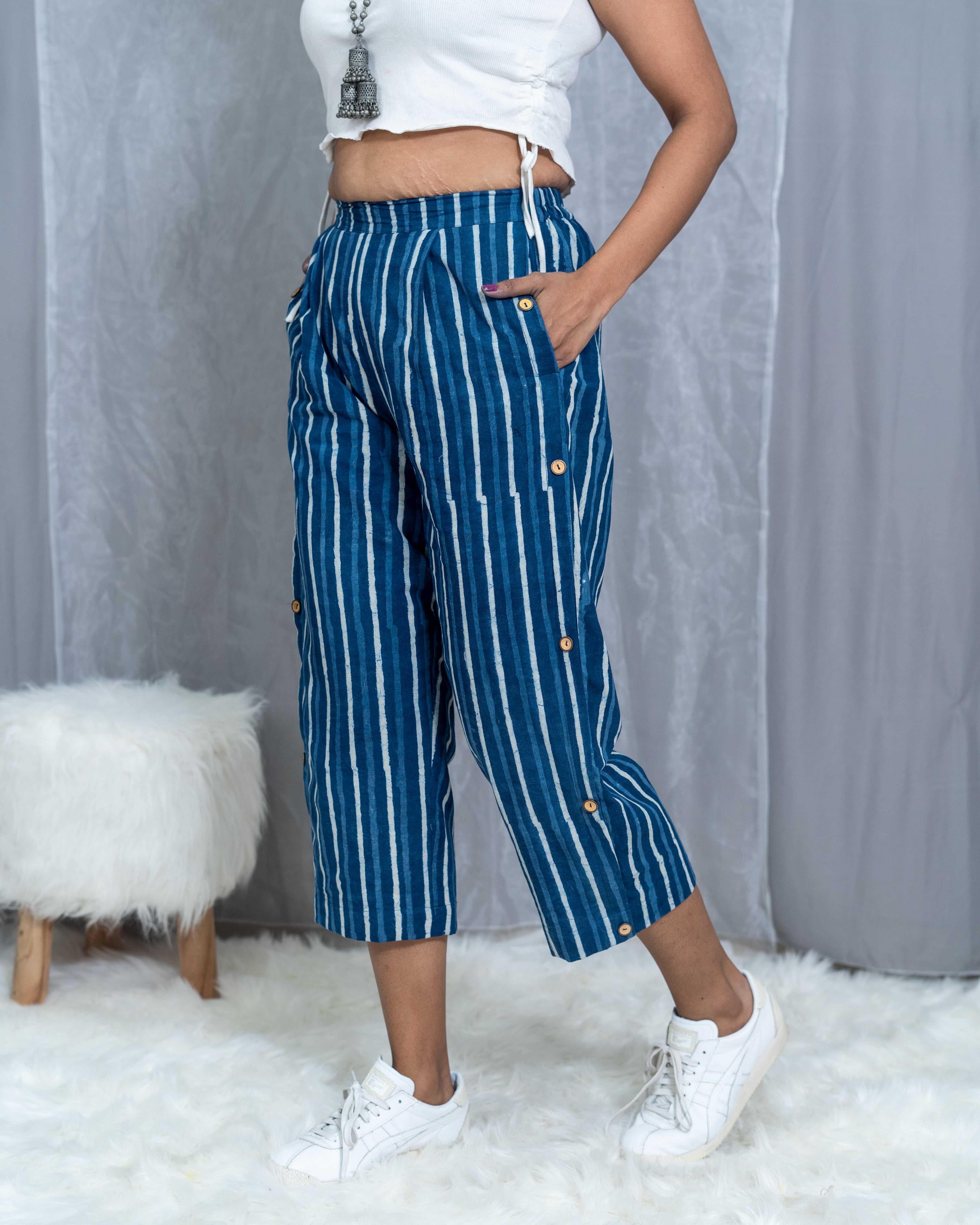 Indigo Dabu Handblock Printed Striped Cotton Pants