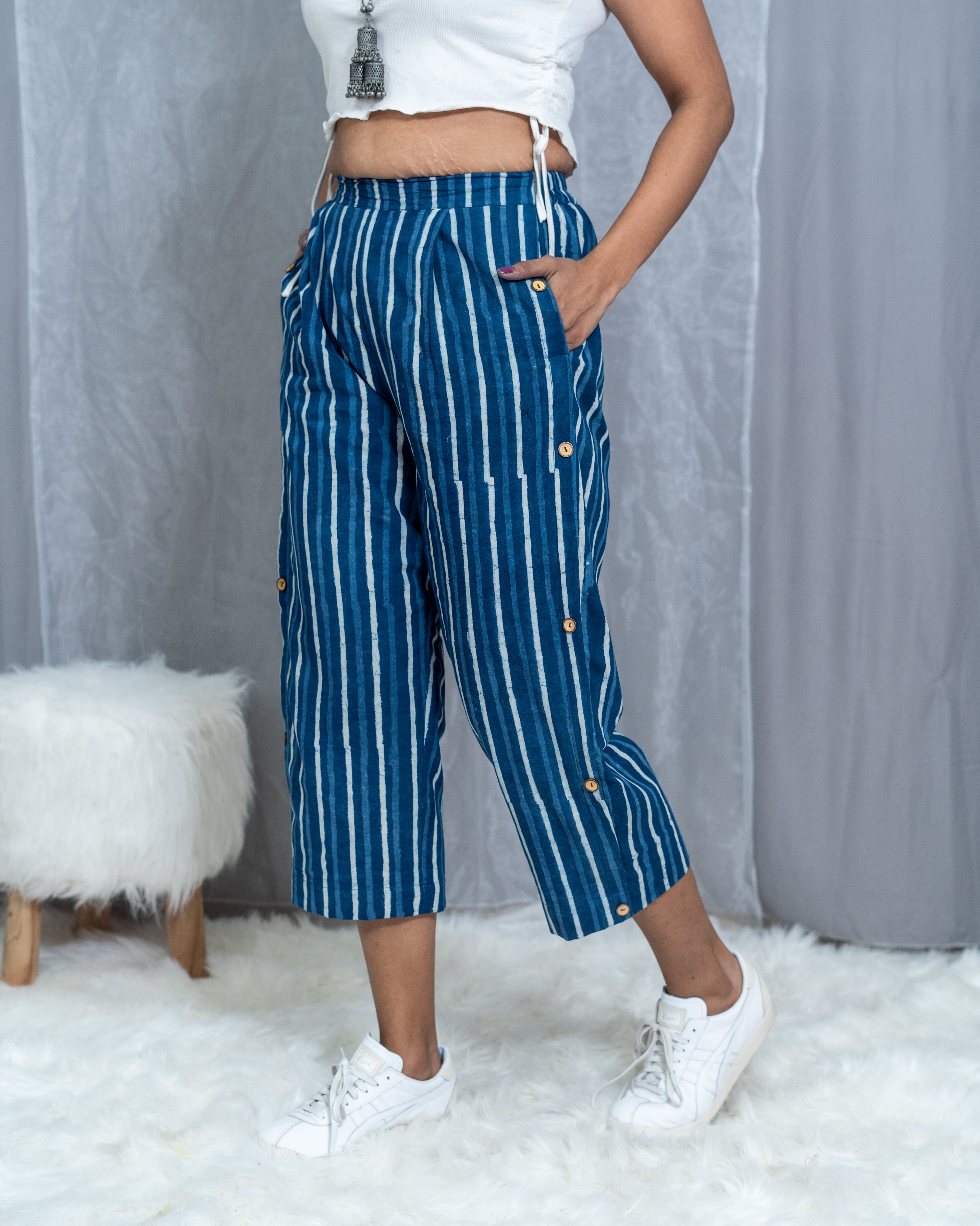 Indigo Dabu Handblock Printed Striped Cotton Pants