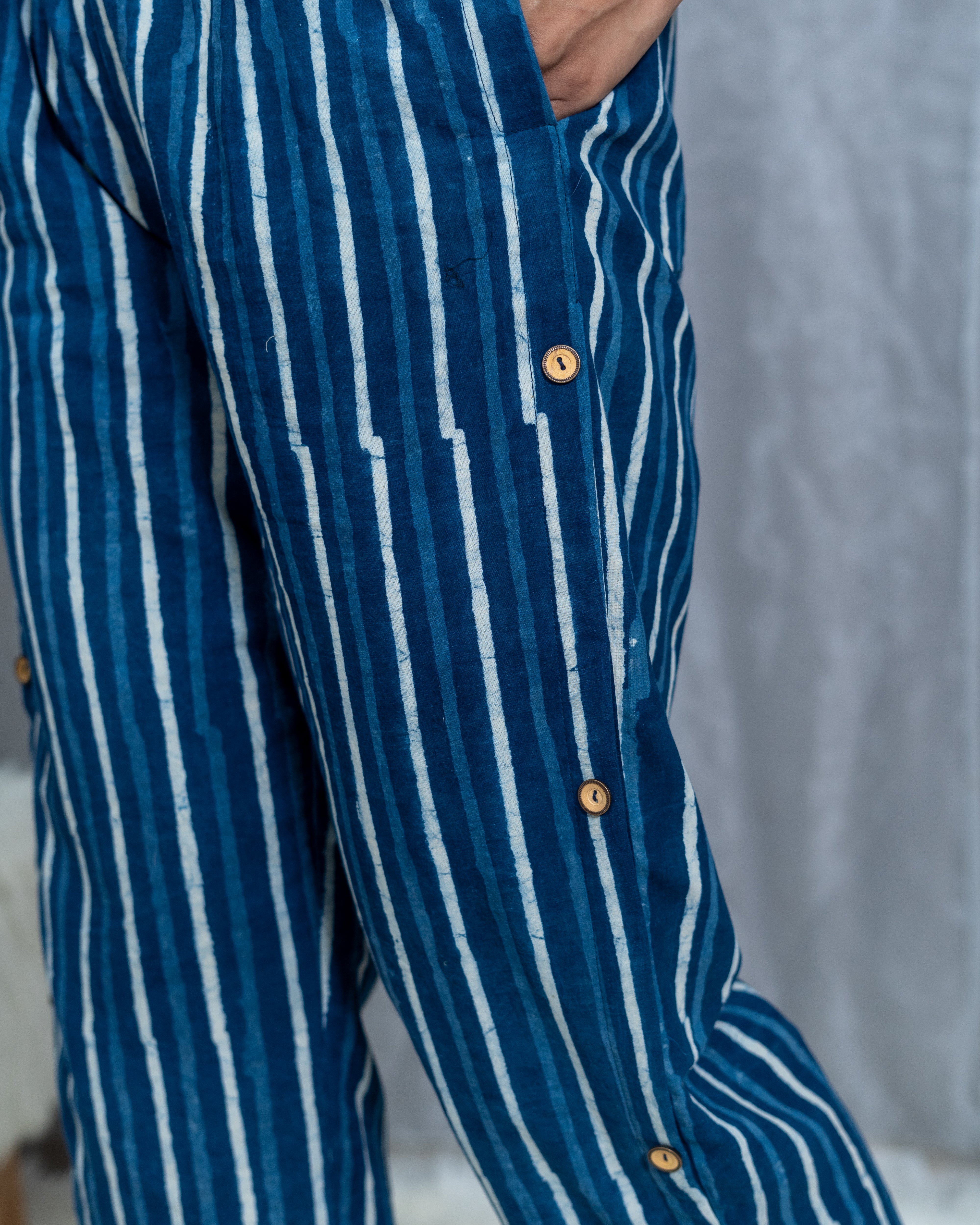 Indigo Dabu Handblock Printed Striped Cotton Pants
