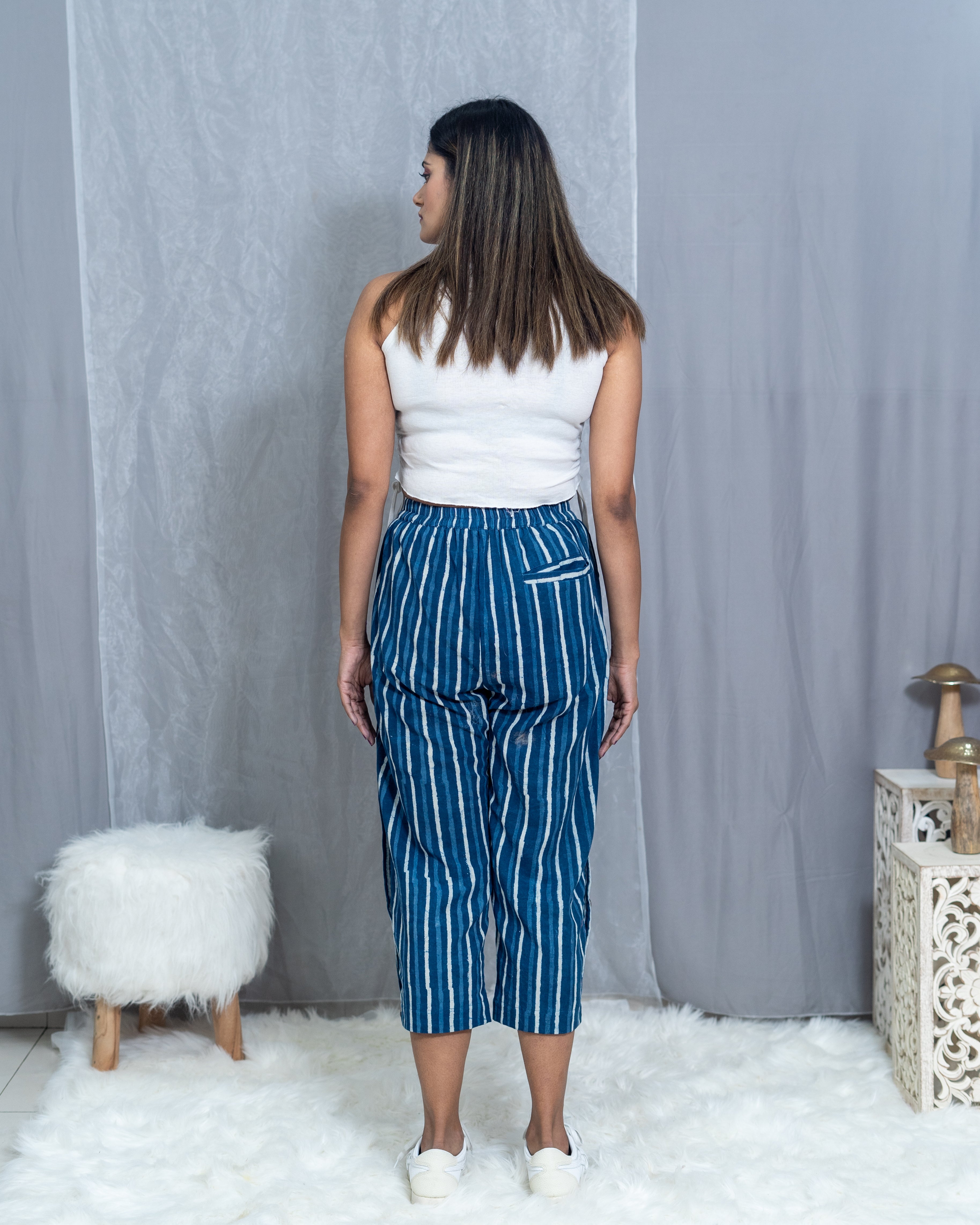 Indigo Dabu Handblock Printed Striped Cotton Pants