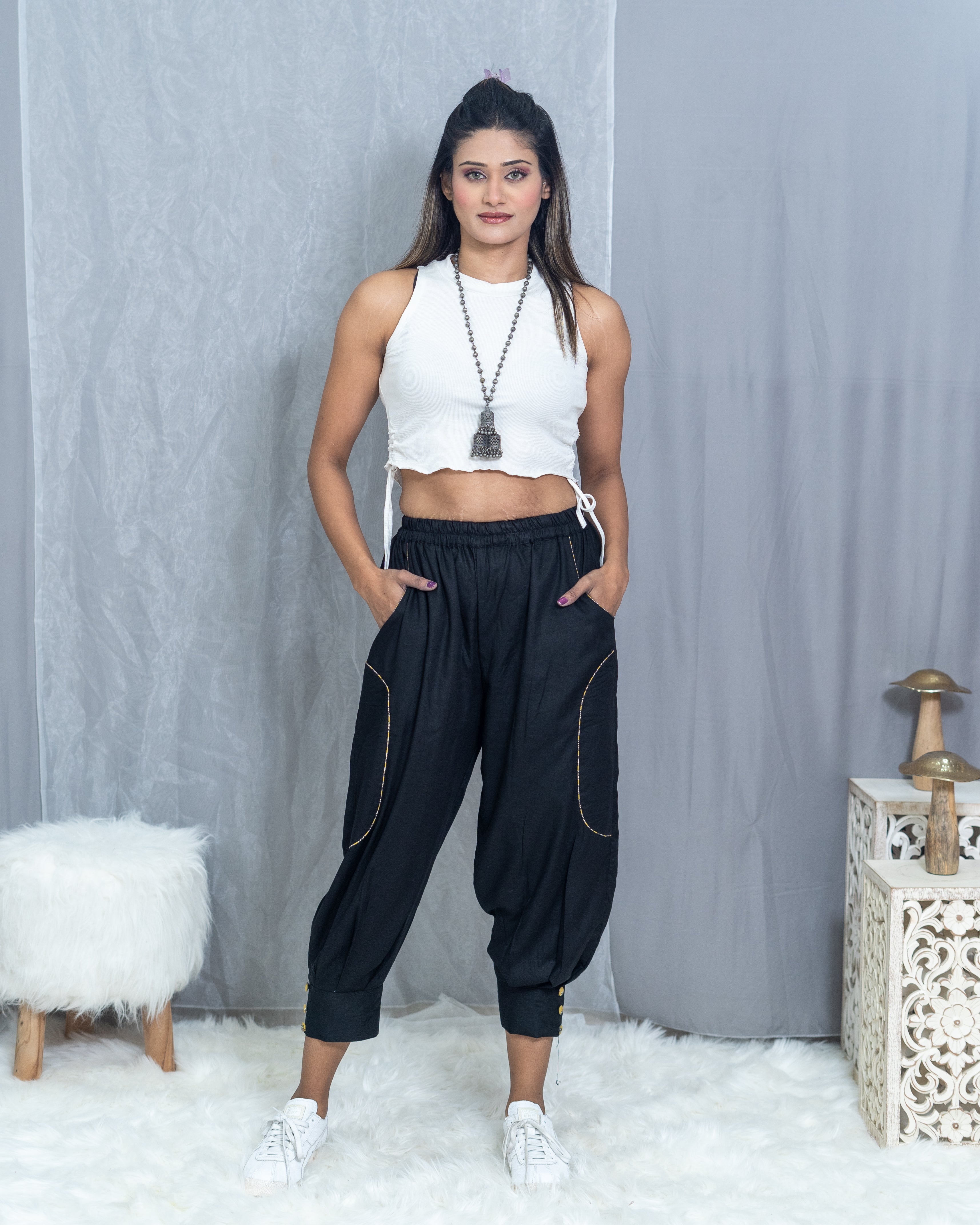 Black Rayon Cotton Pants with Bagru Handblock border