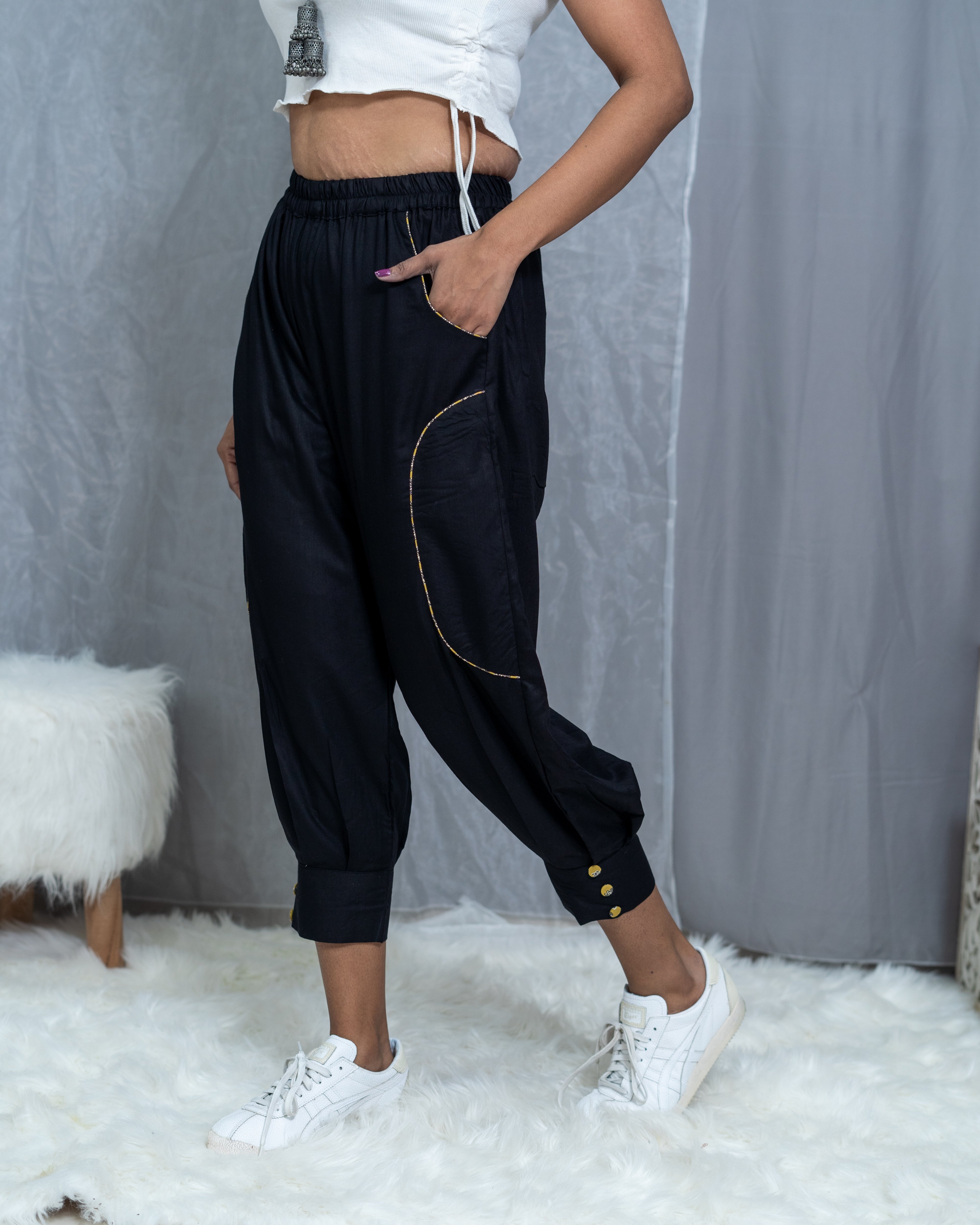 Black Rayon Cotton Pants with Bagru Handblock border