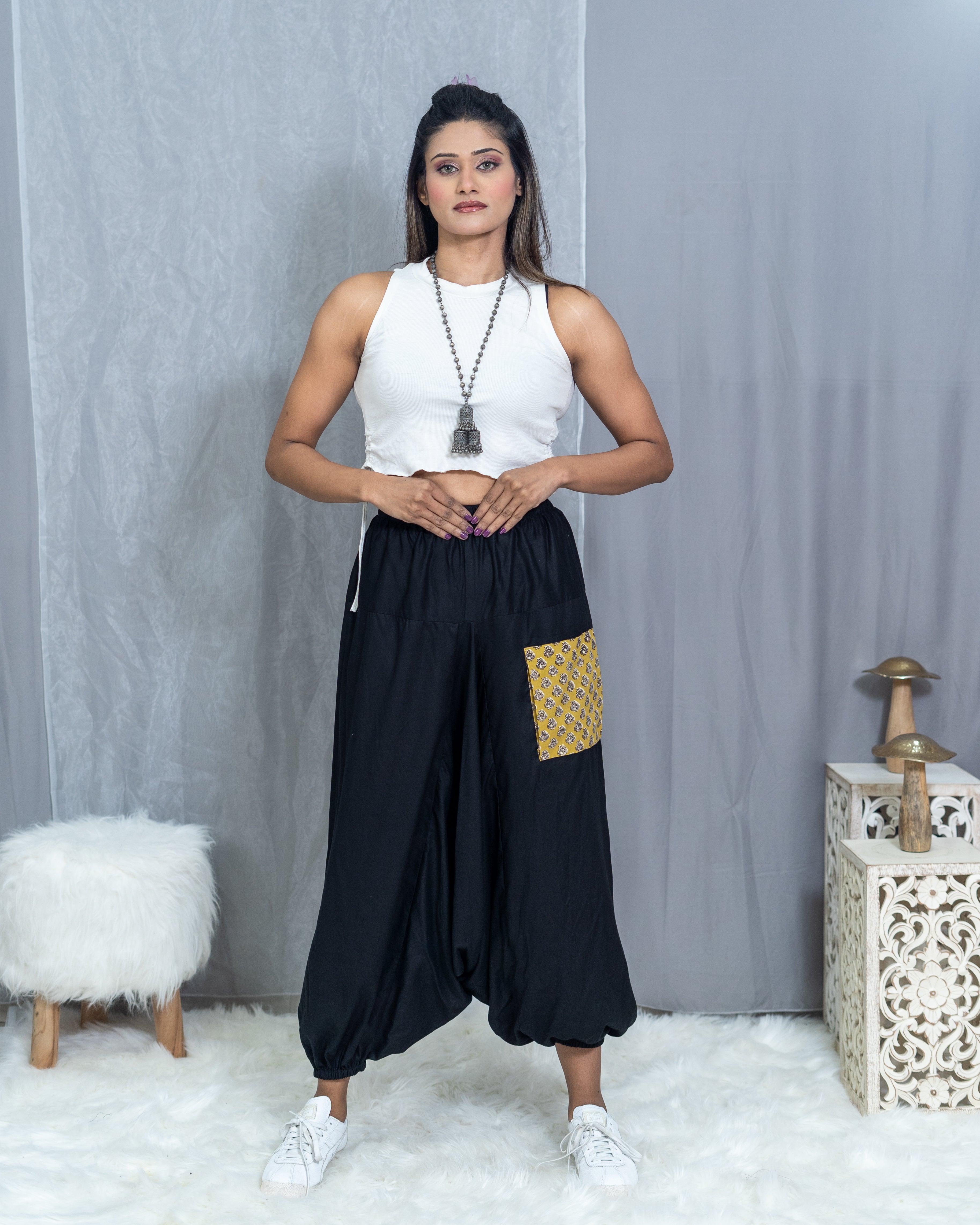 Black Rayon Harem pants with Bagru Handblock Printed Pocket
