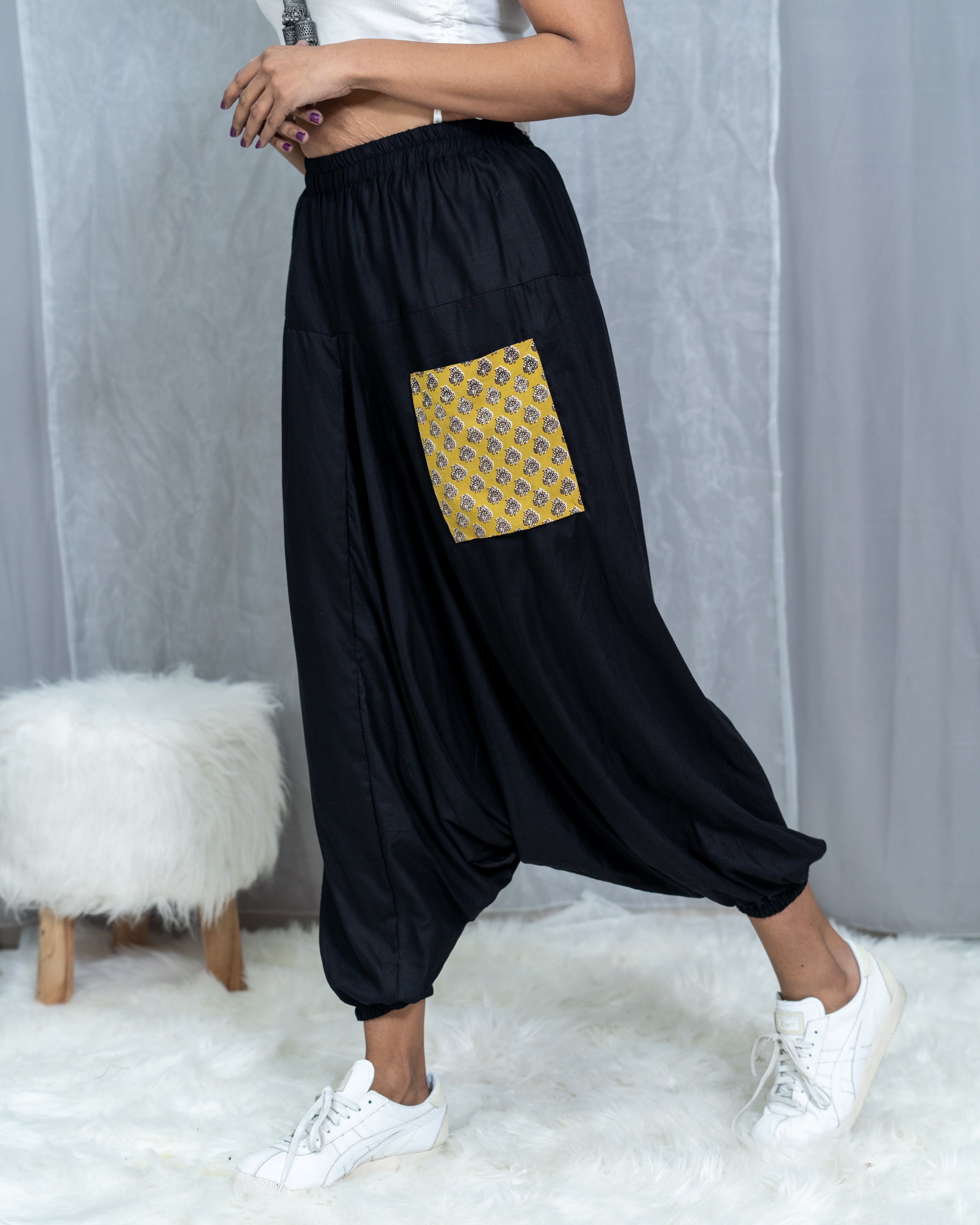 Black Rayon Harem pants with Bagru Handblock Printed Pocket