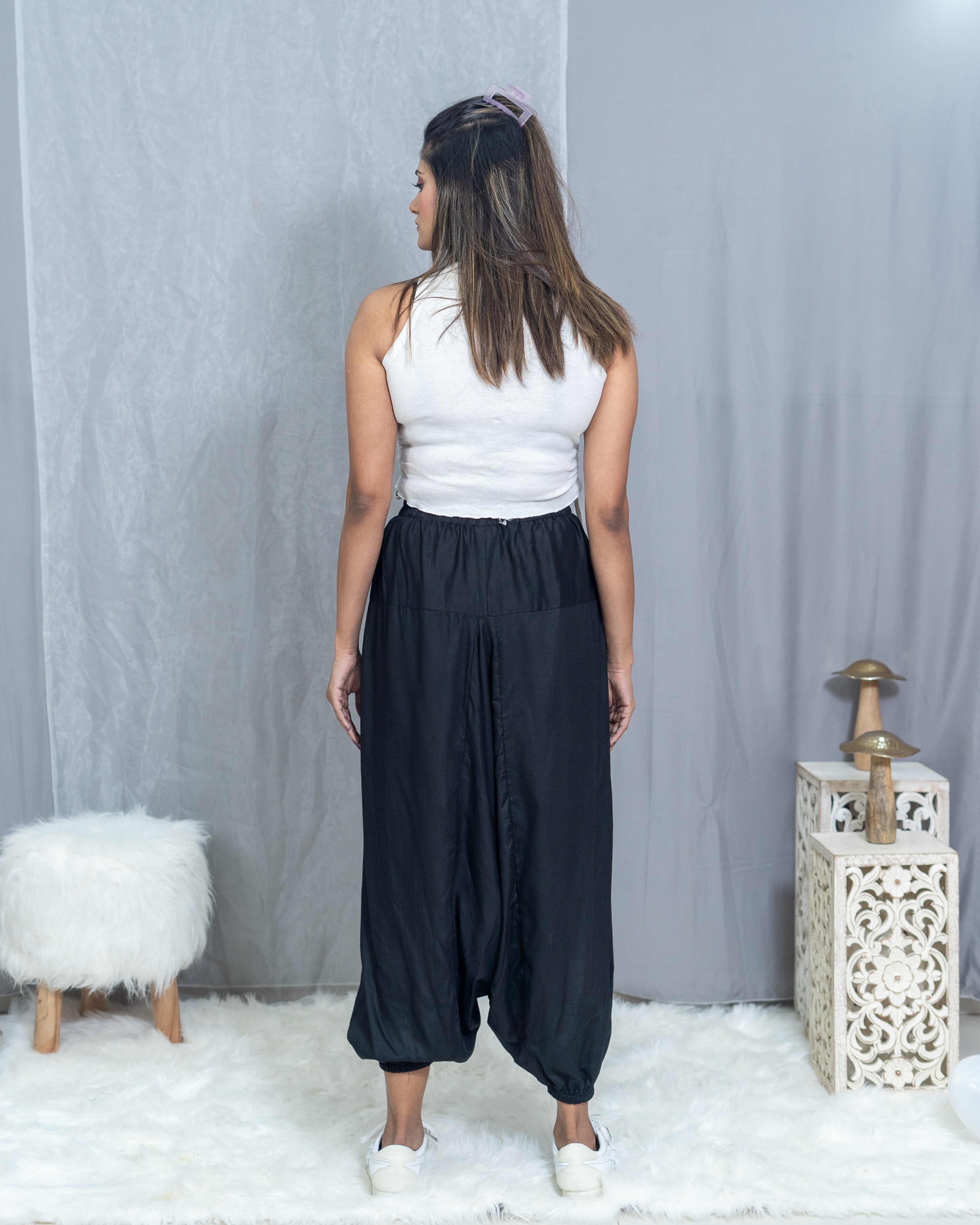 Black Rayon Harem pants with Bagru Handblock Printed Pocket