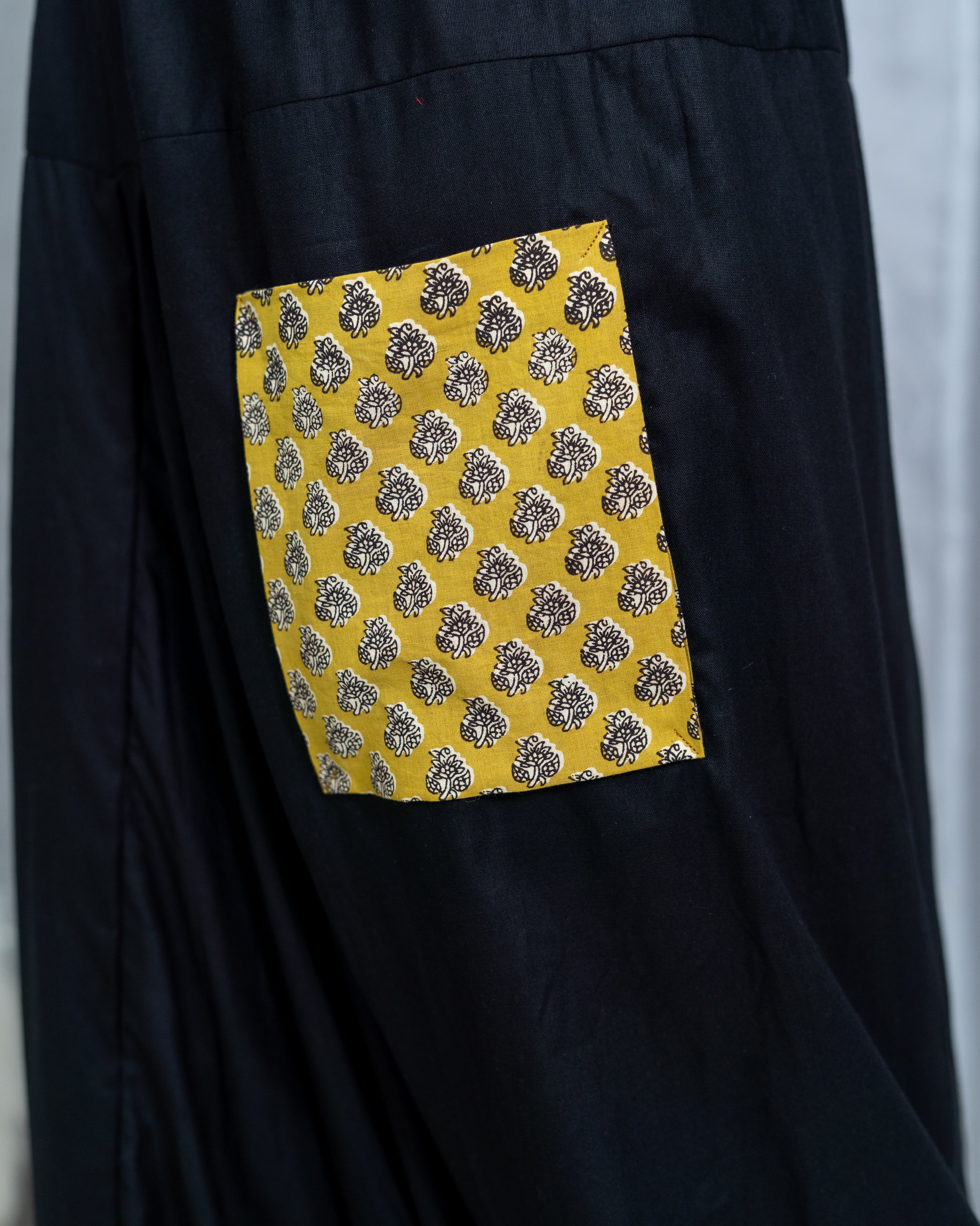 Black Rayon Harem pants with Bagru Handblock Printed Pocket