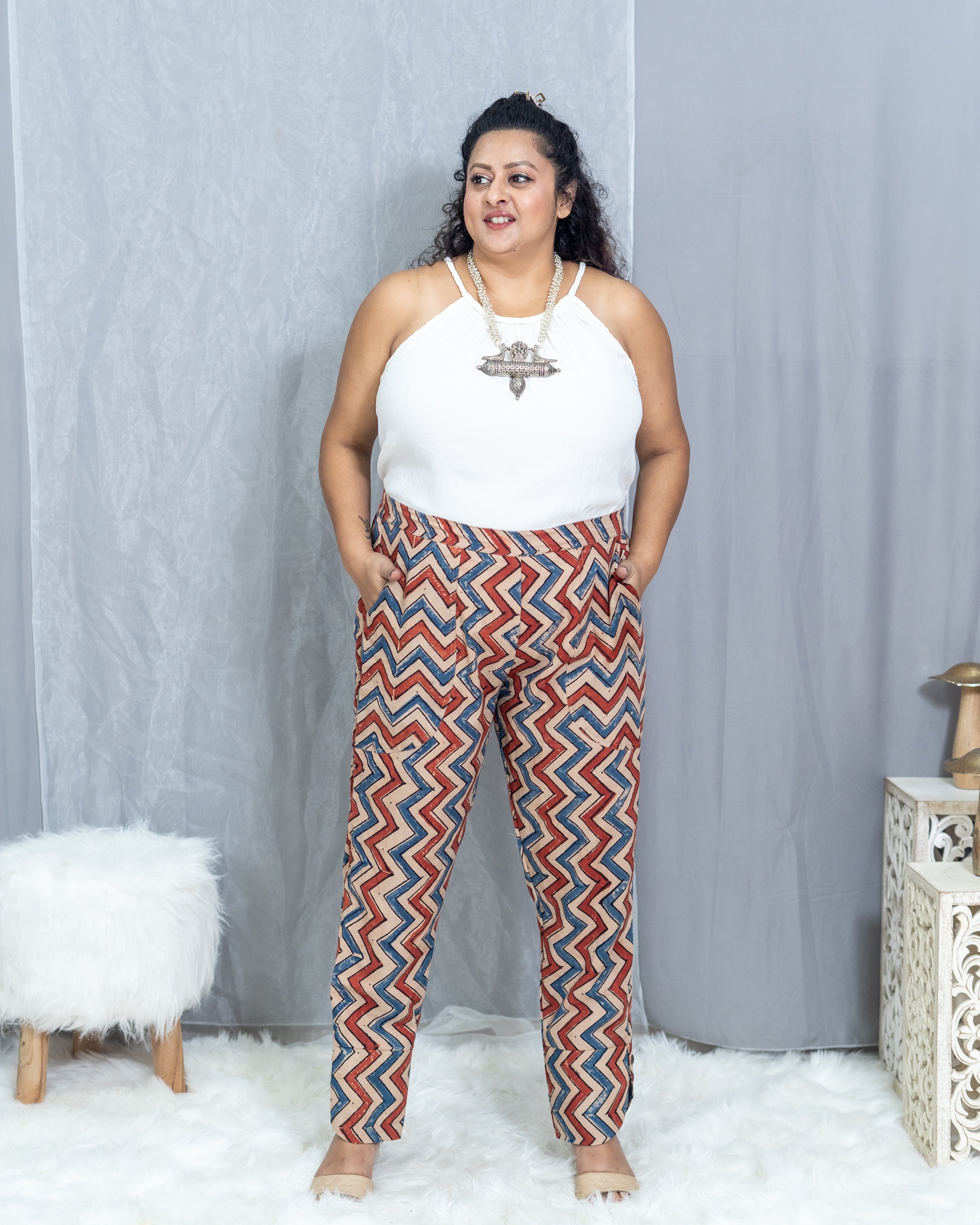 Ajrakh White Handblock printed zig zag cotton pants