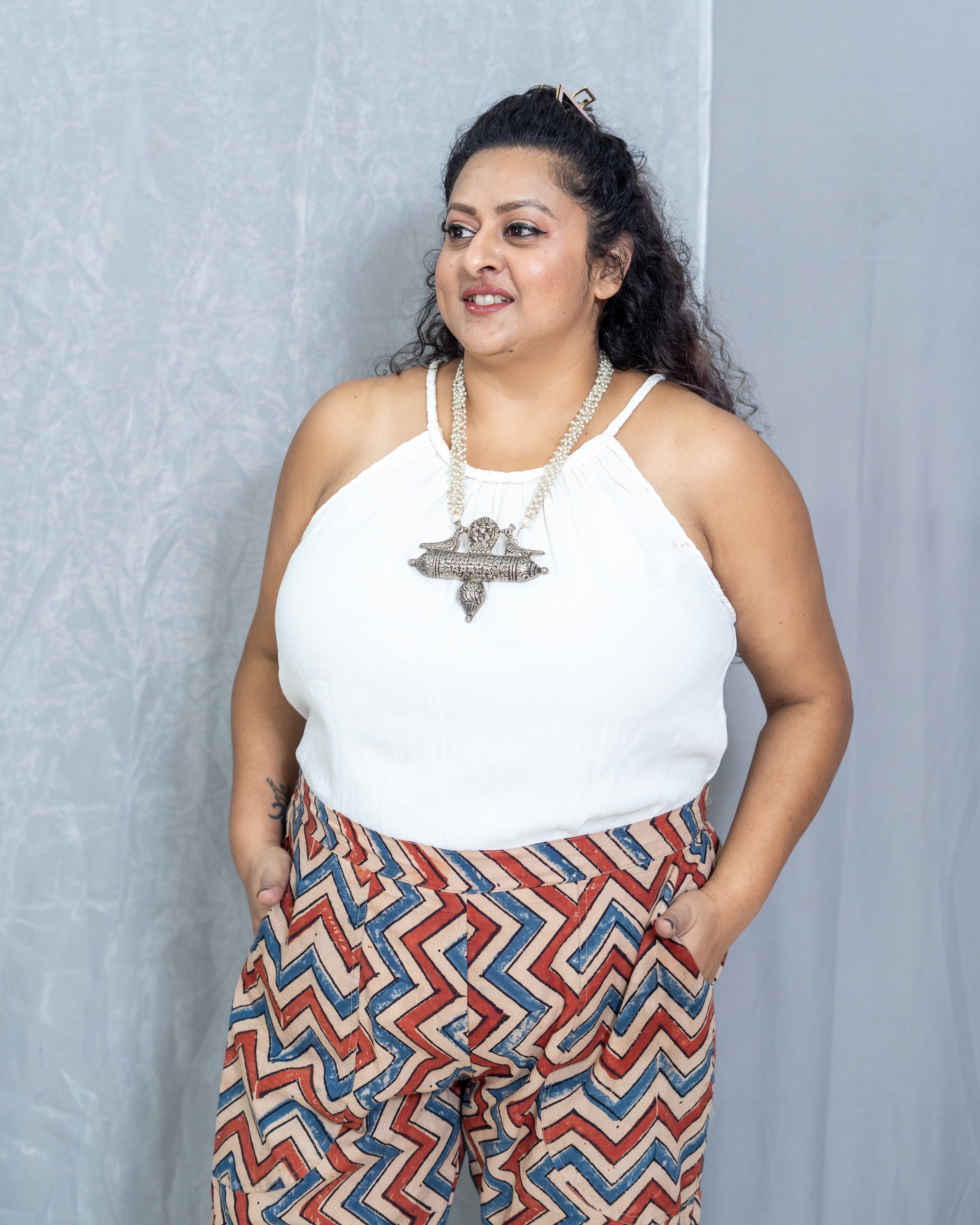 Ajrakh White Handblock printed zig zag cotton pants