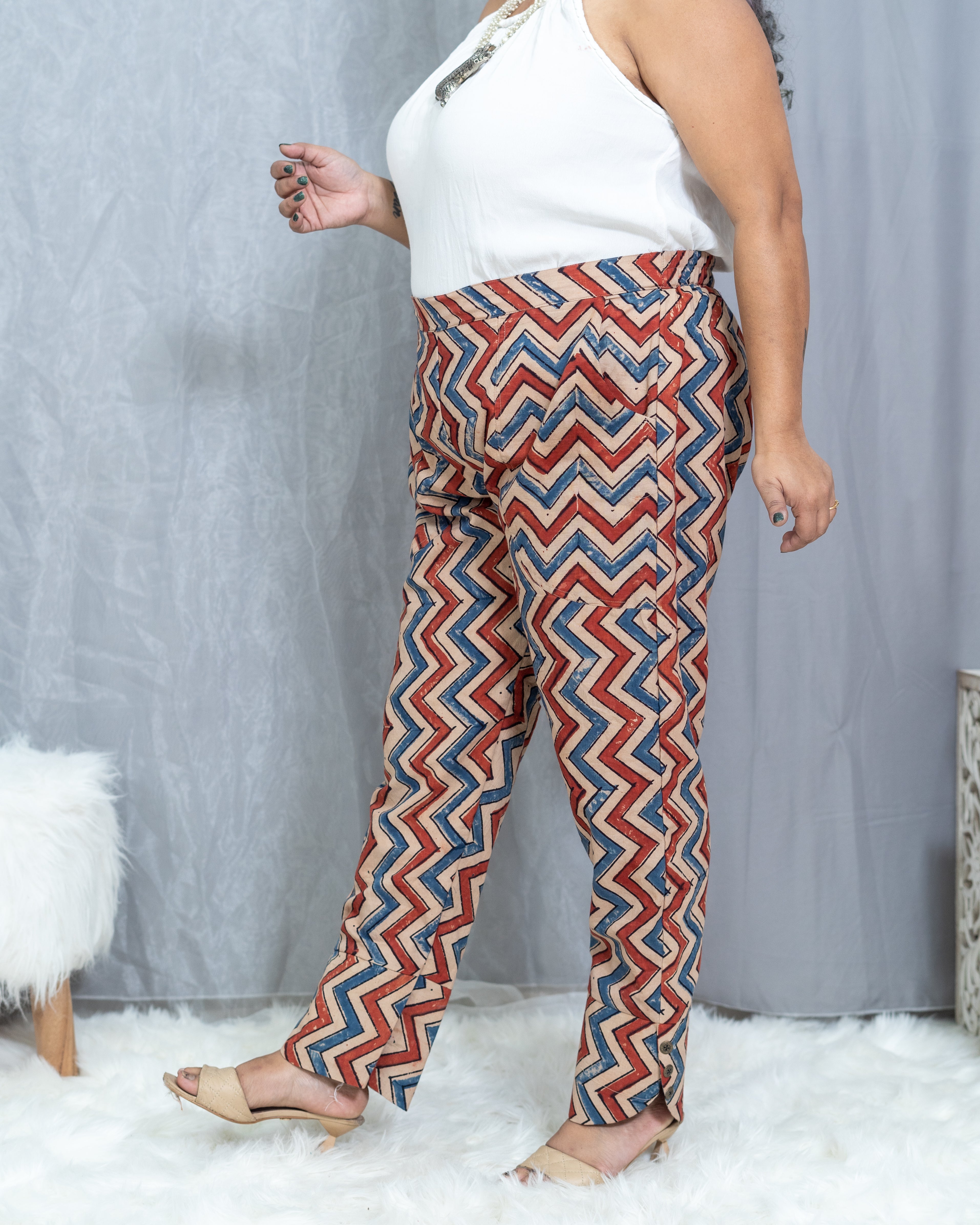 Ajrakh White Handblock printed zig zag cotton pants