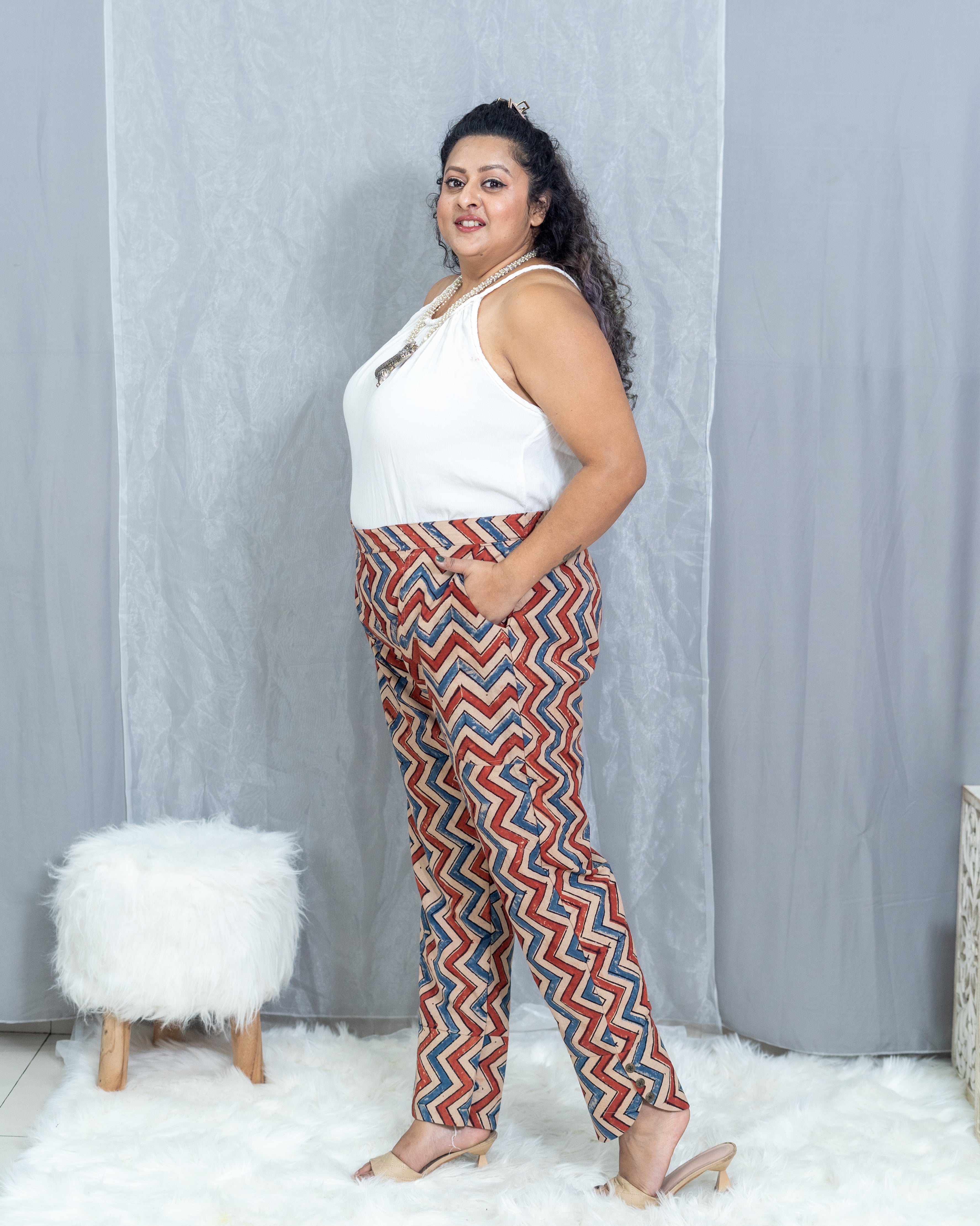 Ajrakh White Handblock printed zig zag cotton pants