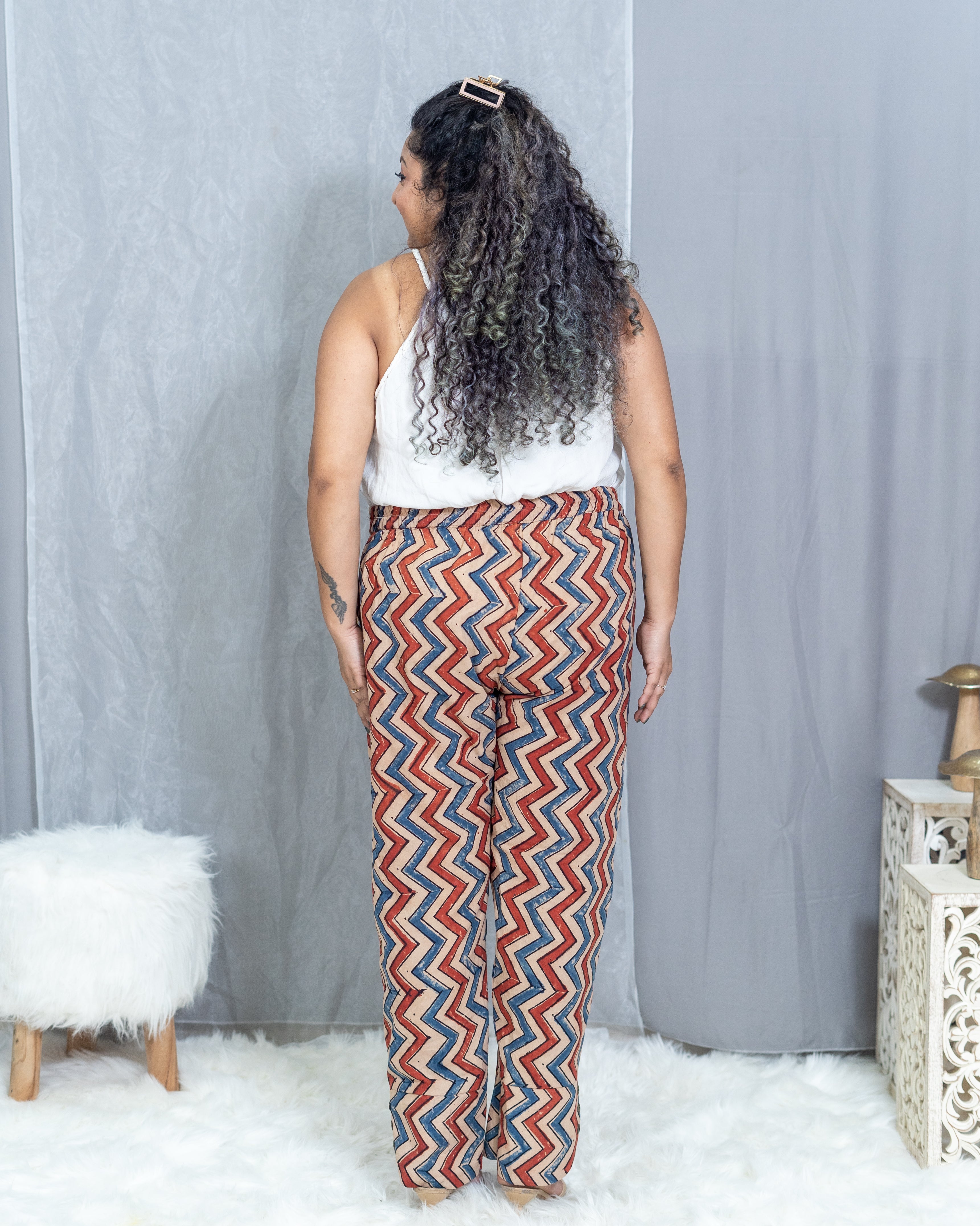 Ajrakh White Handblock printed zig zag cotton pants
