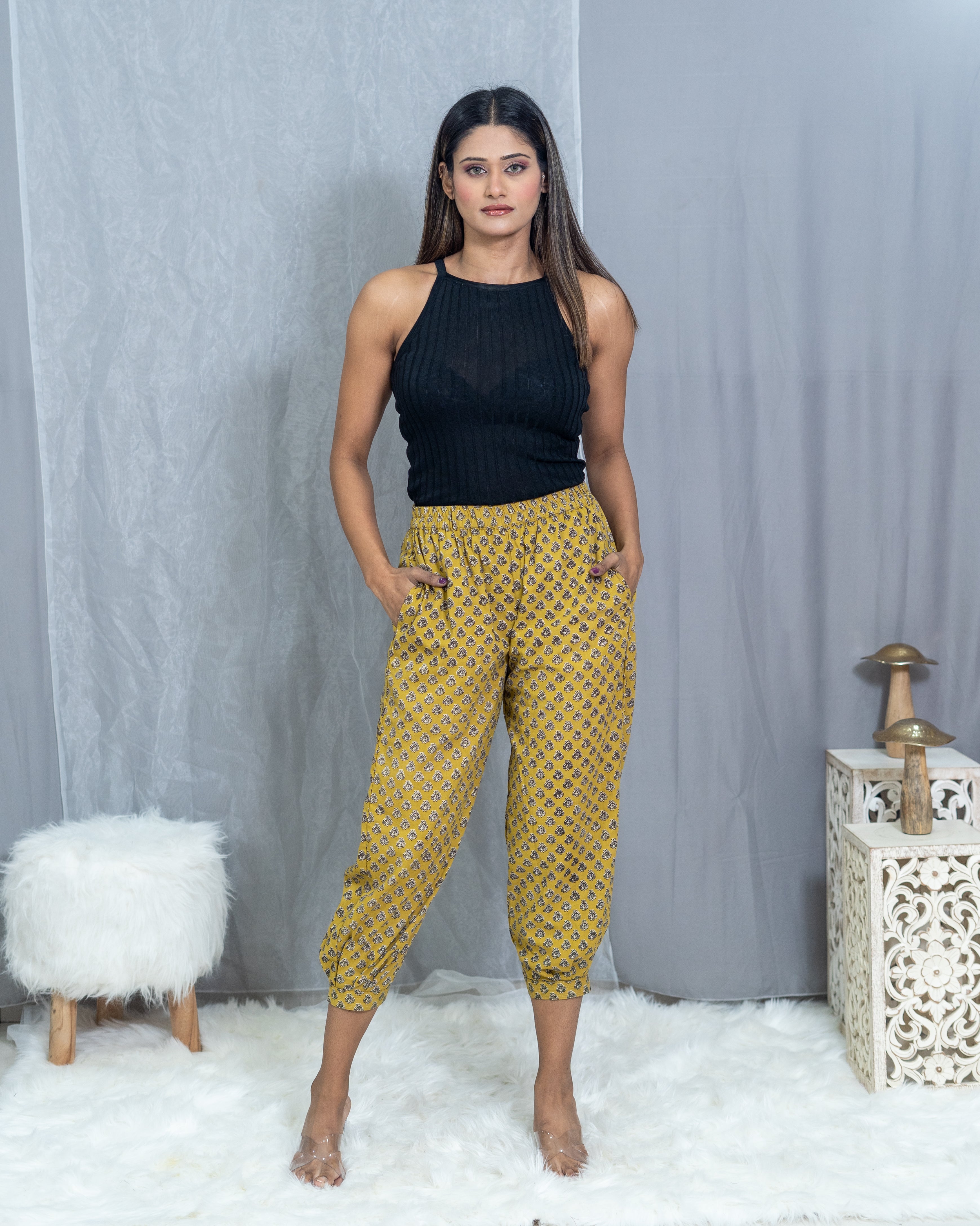 Mustard Bagru Booti Handblock Printed Cotton Pants