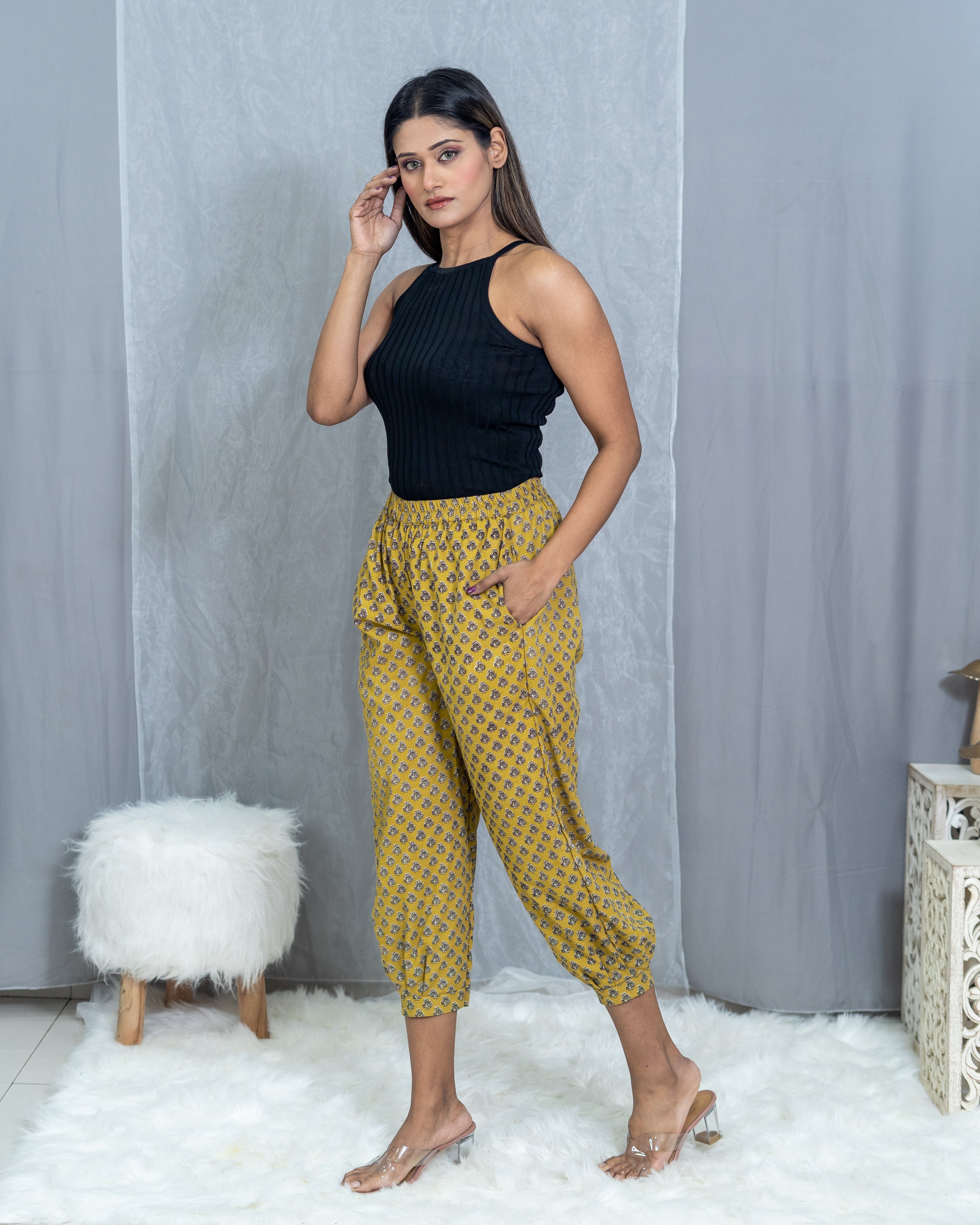 Mustard Bagru Booti Handblock Printed Cotton Pants
