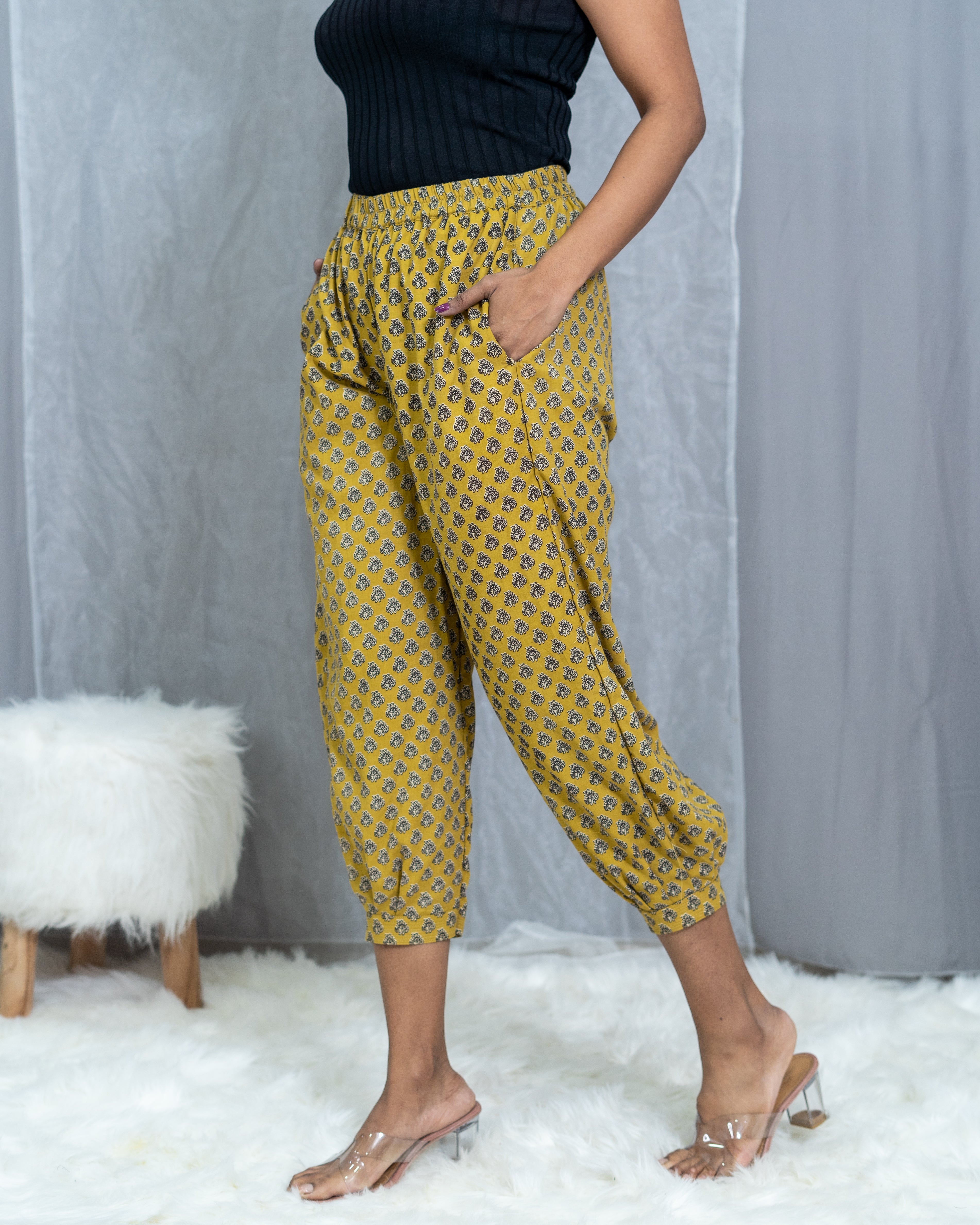 Mustard Bagru Booti Handblock Printed Cotton Pants