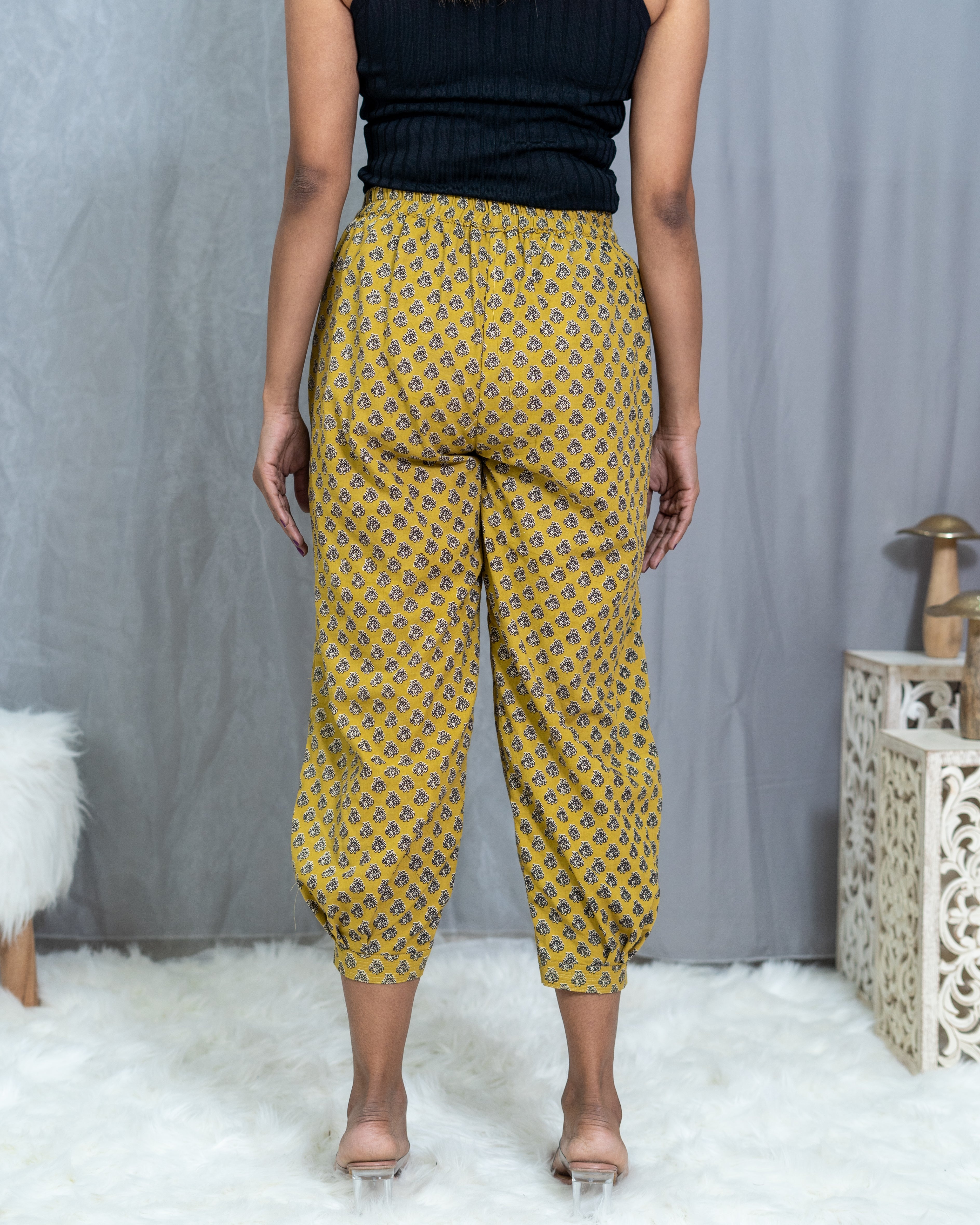 Mustard Bagru Booti Handblock Printed Cotton Pants