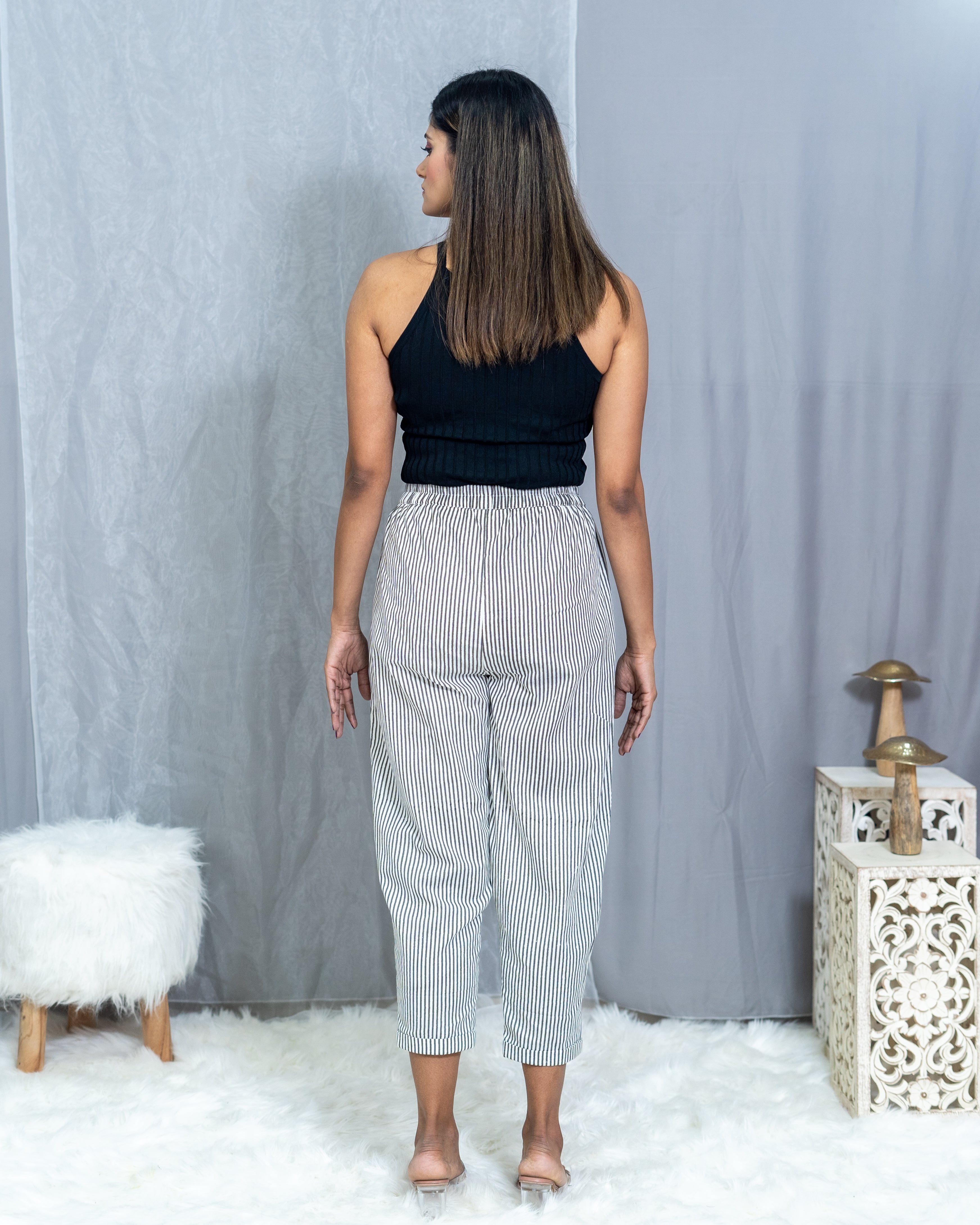 Grey Dabu Handblock  printed striped cotton pants