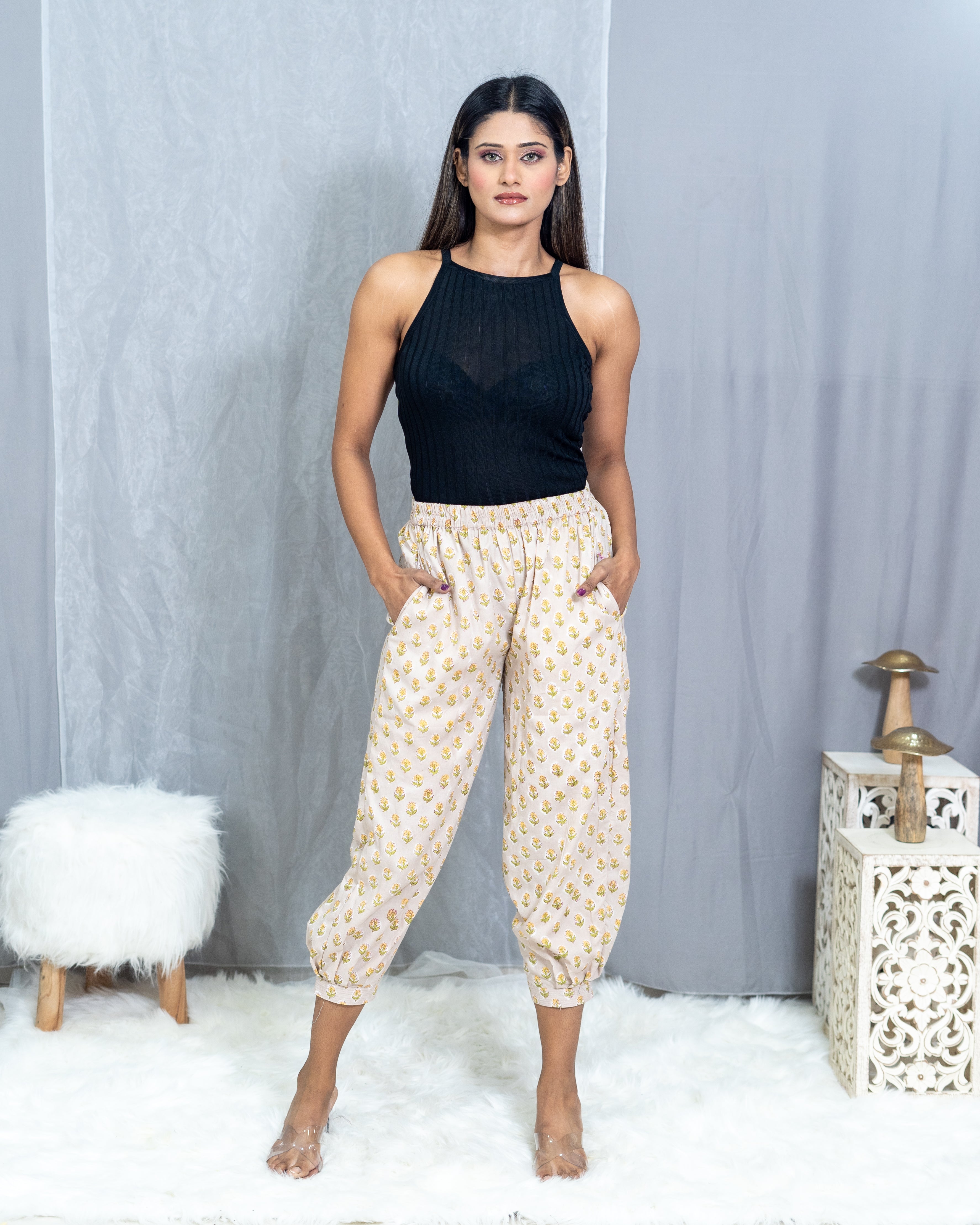 Beige Sanganeri Booti Handblock Cotton Pants