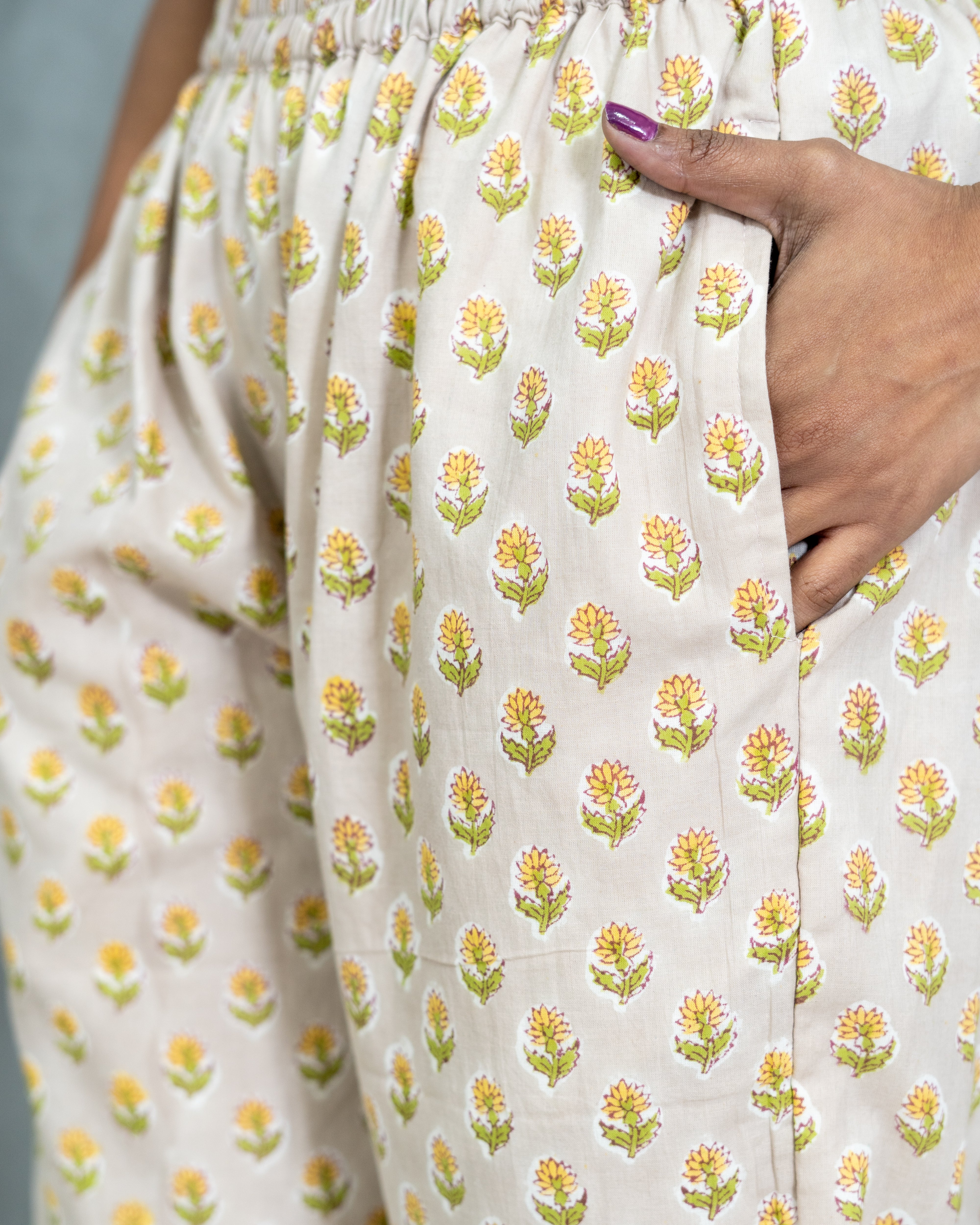Beige Sanganeri Booti Handblock Cotton Pants