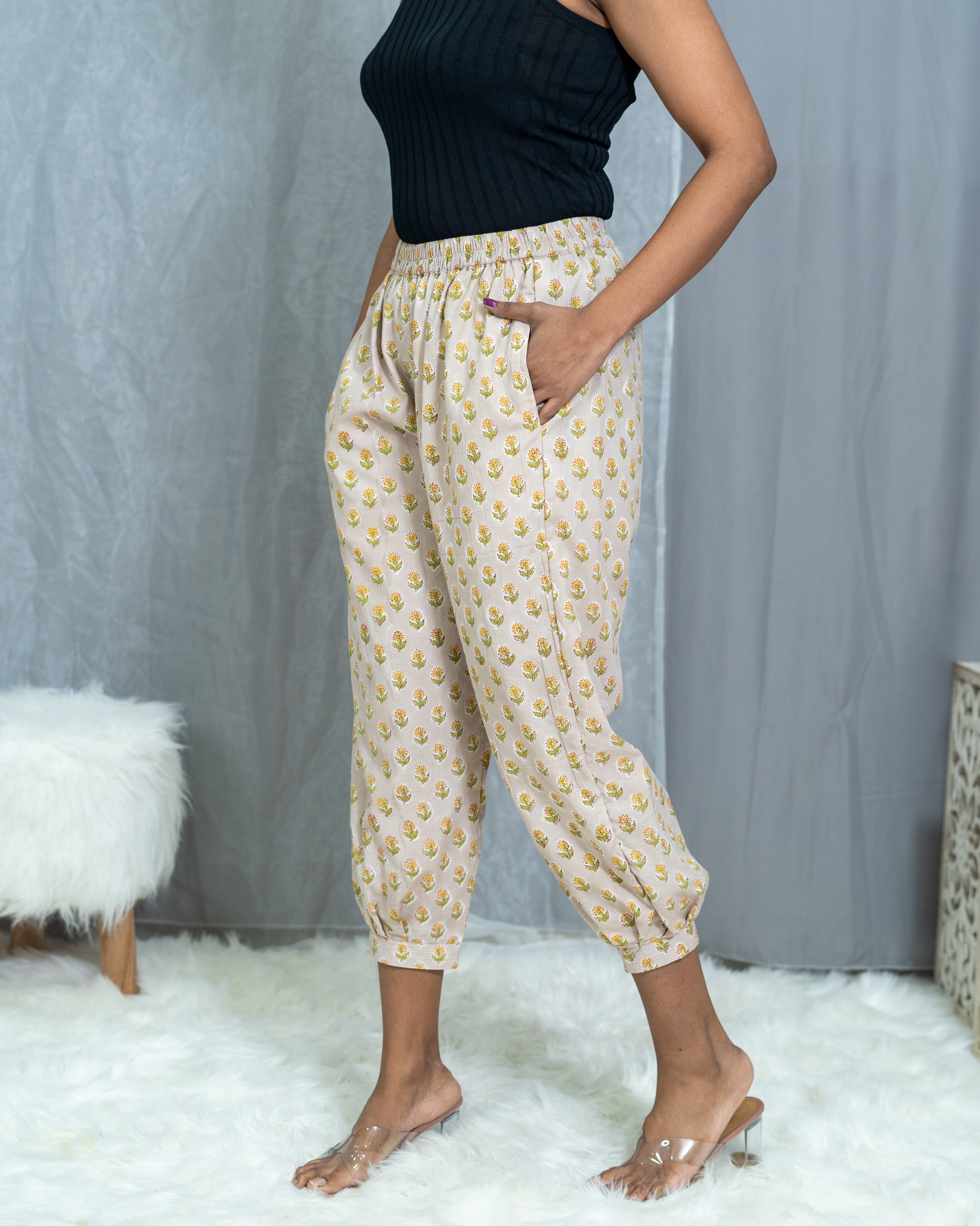 Beige Sanganeri Booti Handblock Cotton Pants