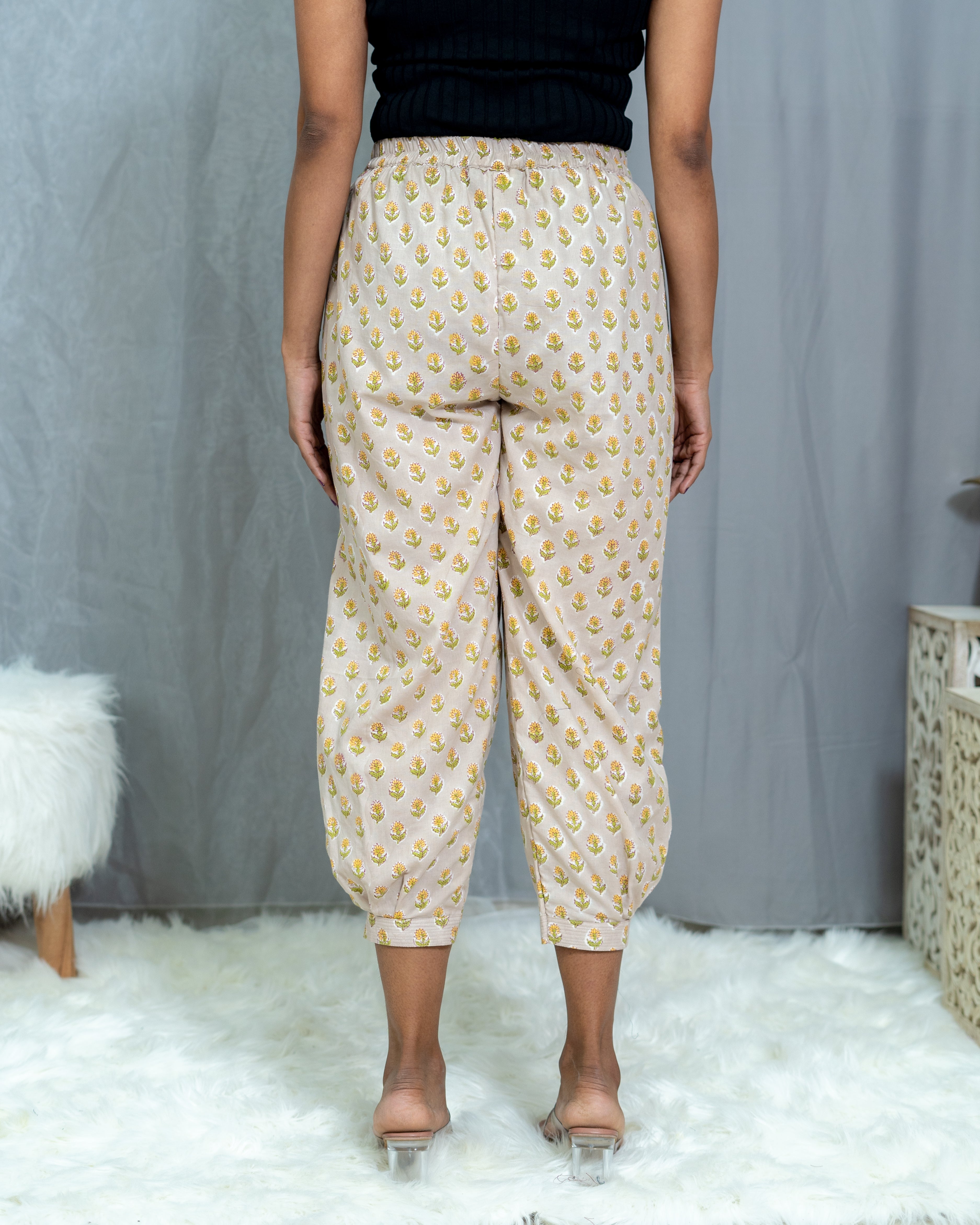 Beige Sanganeri Booti Handblock Cotton Pants