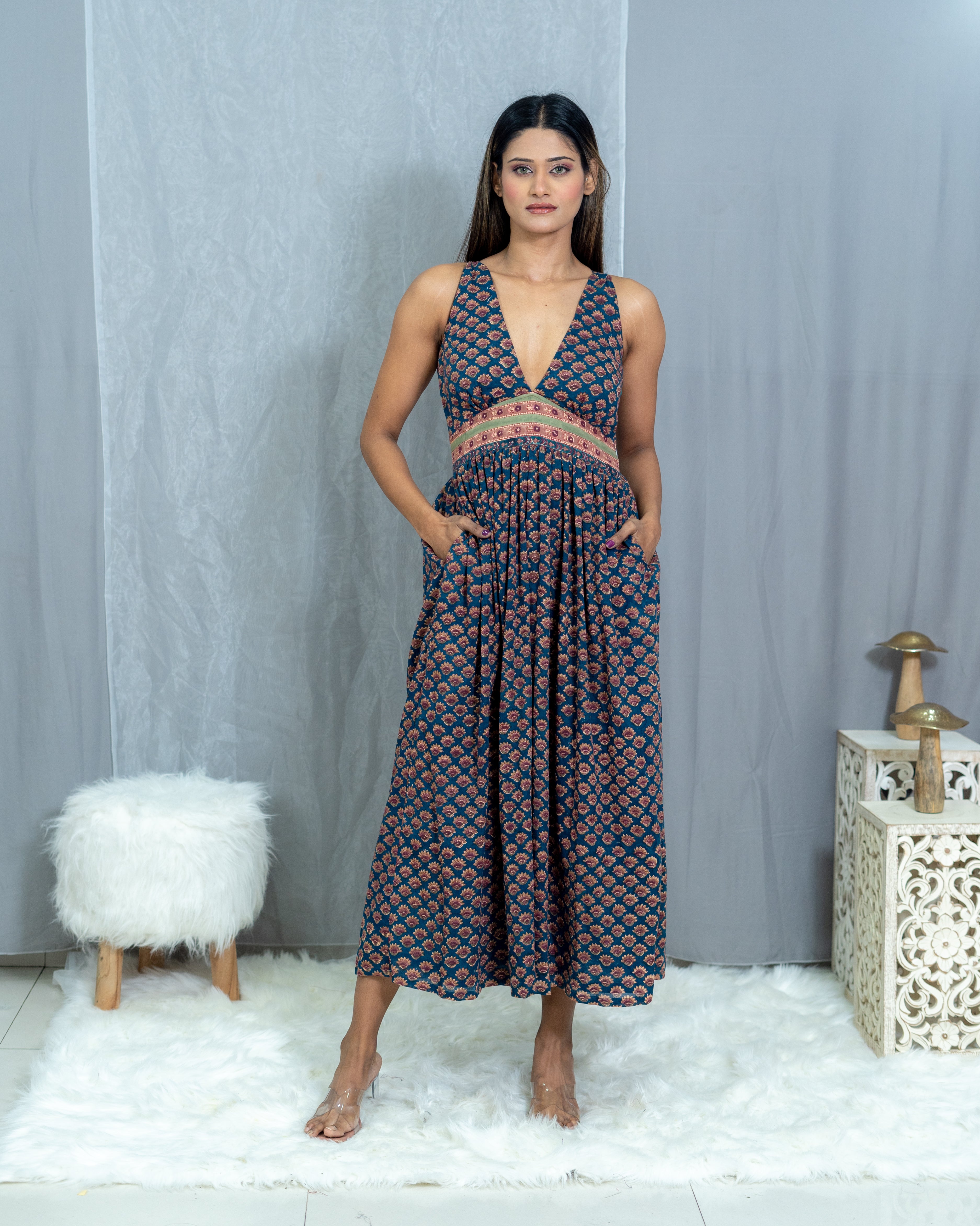 Sea Green Sanganeri Handblock Printed Maxi Cotton Dress