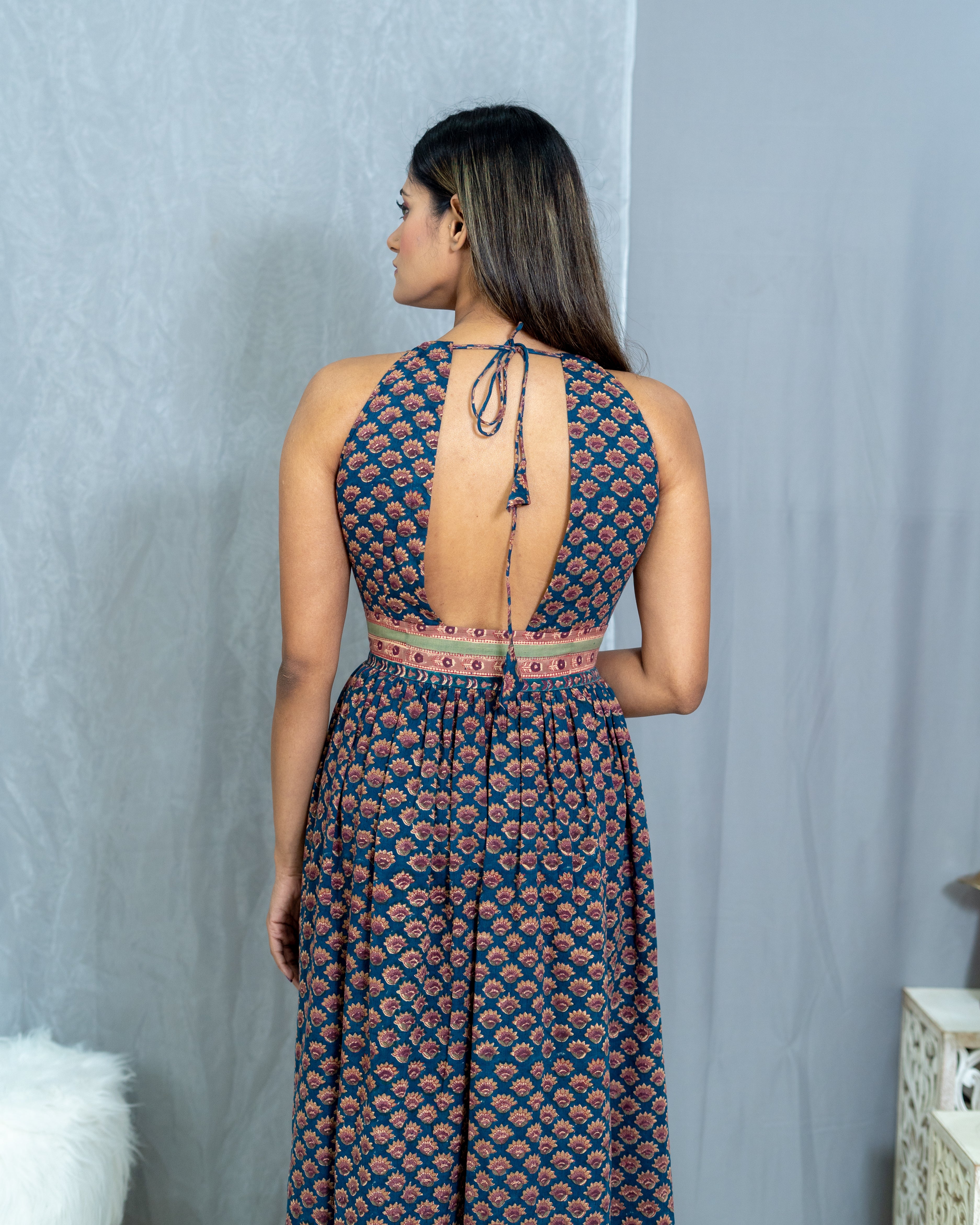 Sea Green Sanganeri Handblock Printed Maxi Cotton Dress