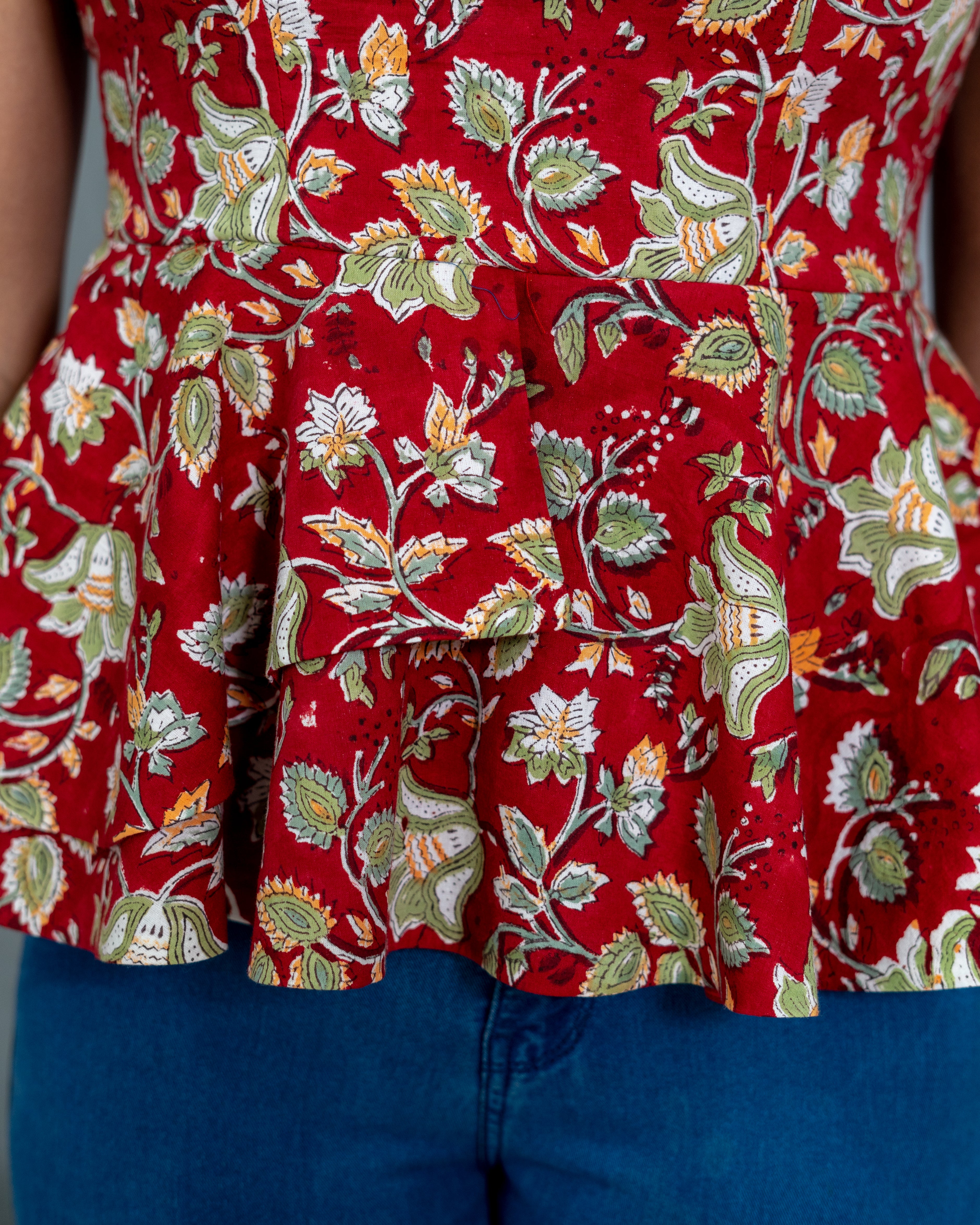 Red sanganeri hand block one shoulder peplum top