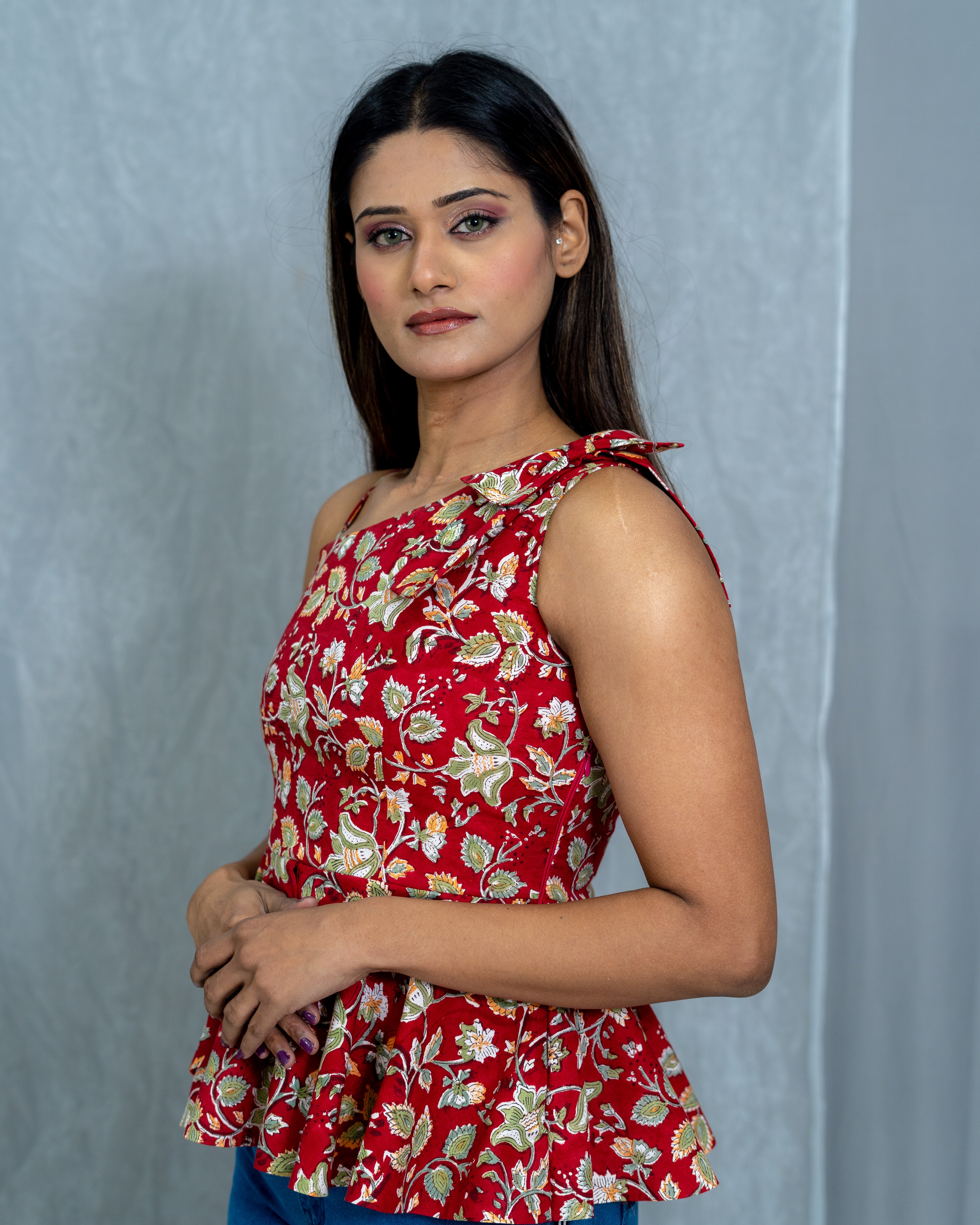 Red sanganeri hand block one shoulder peplum top