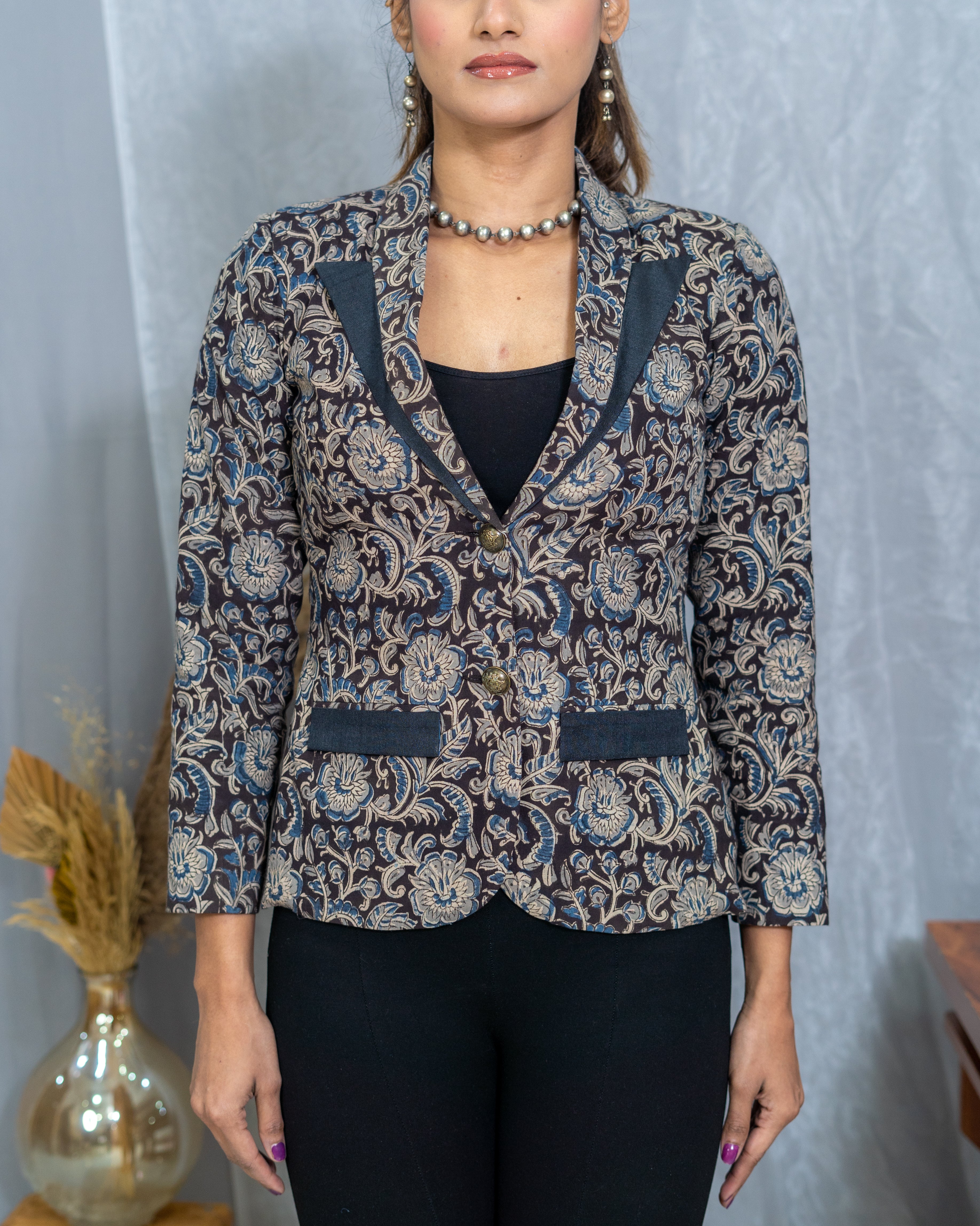 Black Kalamkari Handblock Printed Cotton Blazer