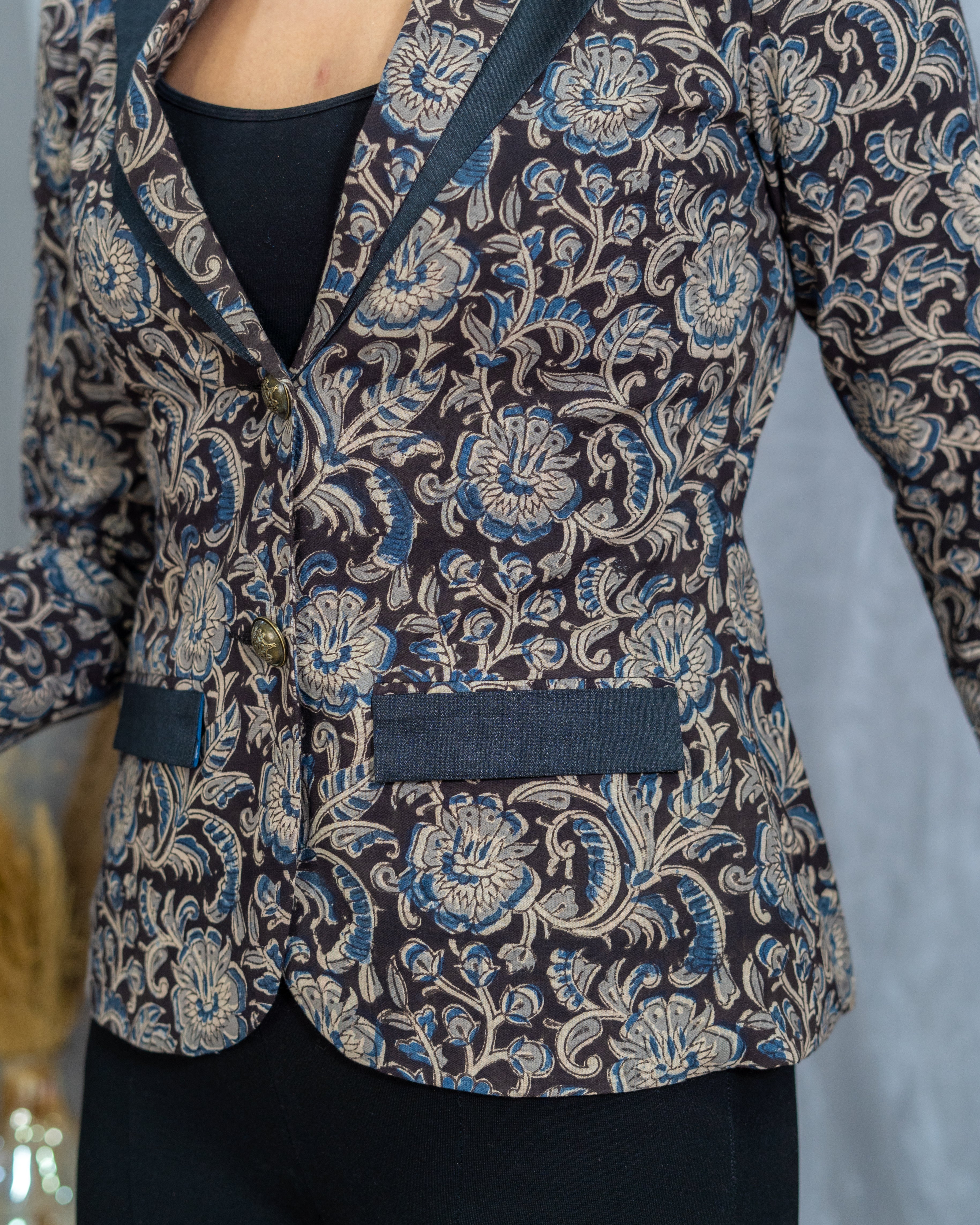Black Kalamkari Handblock Printed Cotton Blazer
