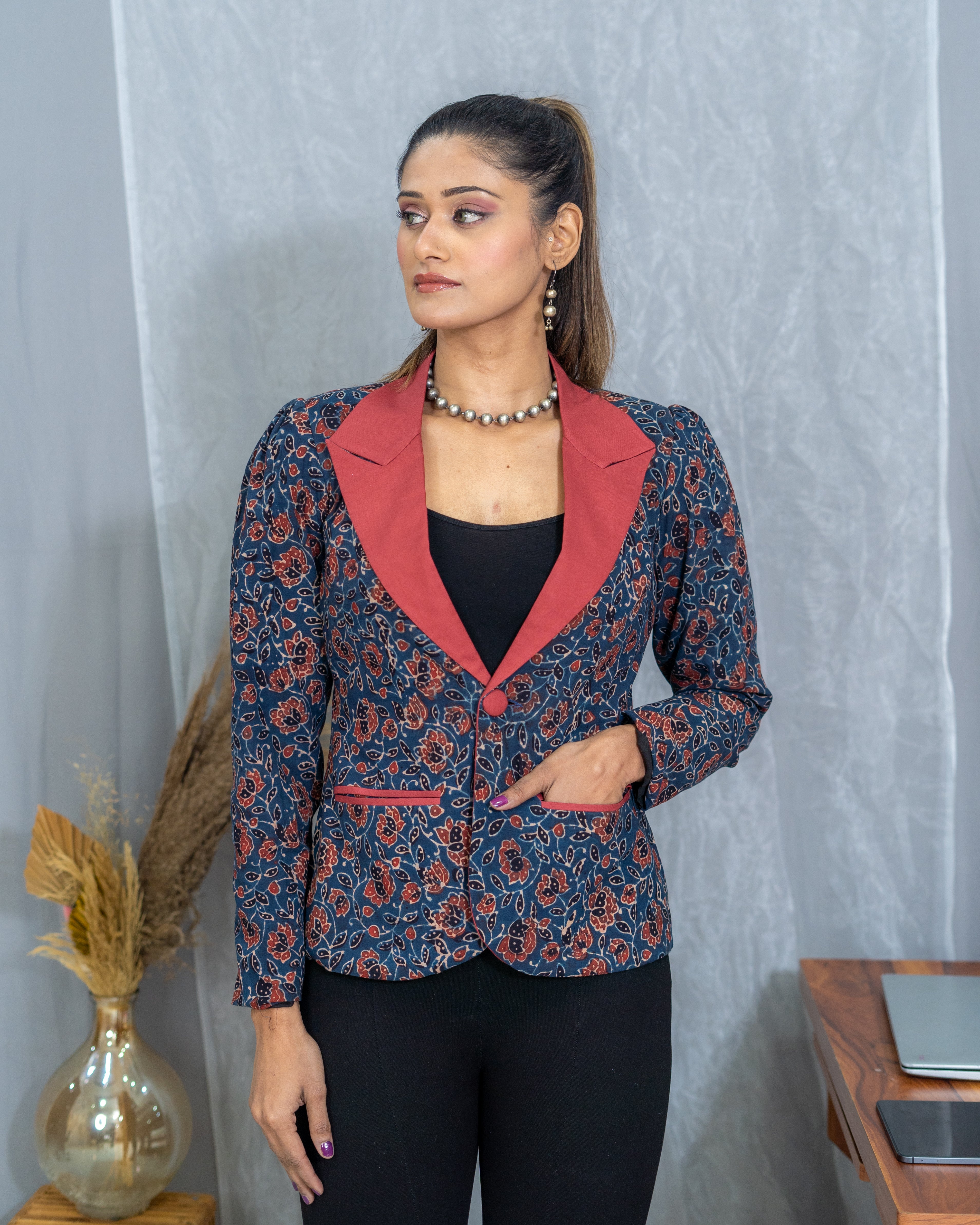 Indigo Ajrakh Handblock Printed Floral Cotton Blazer