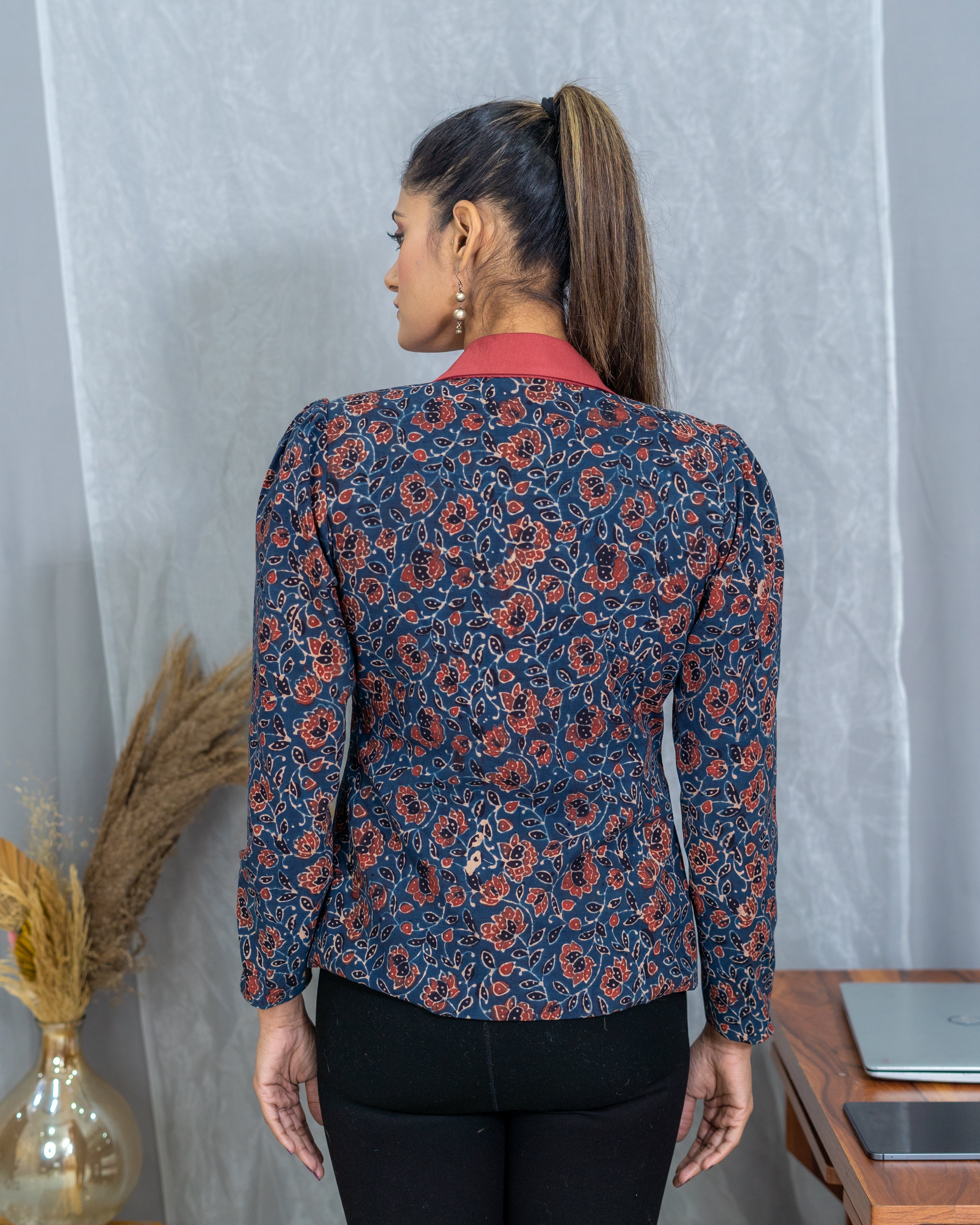 Indigo Ajrakh Handblock Printed Floral Cotton Blazer