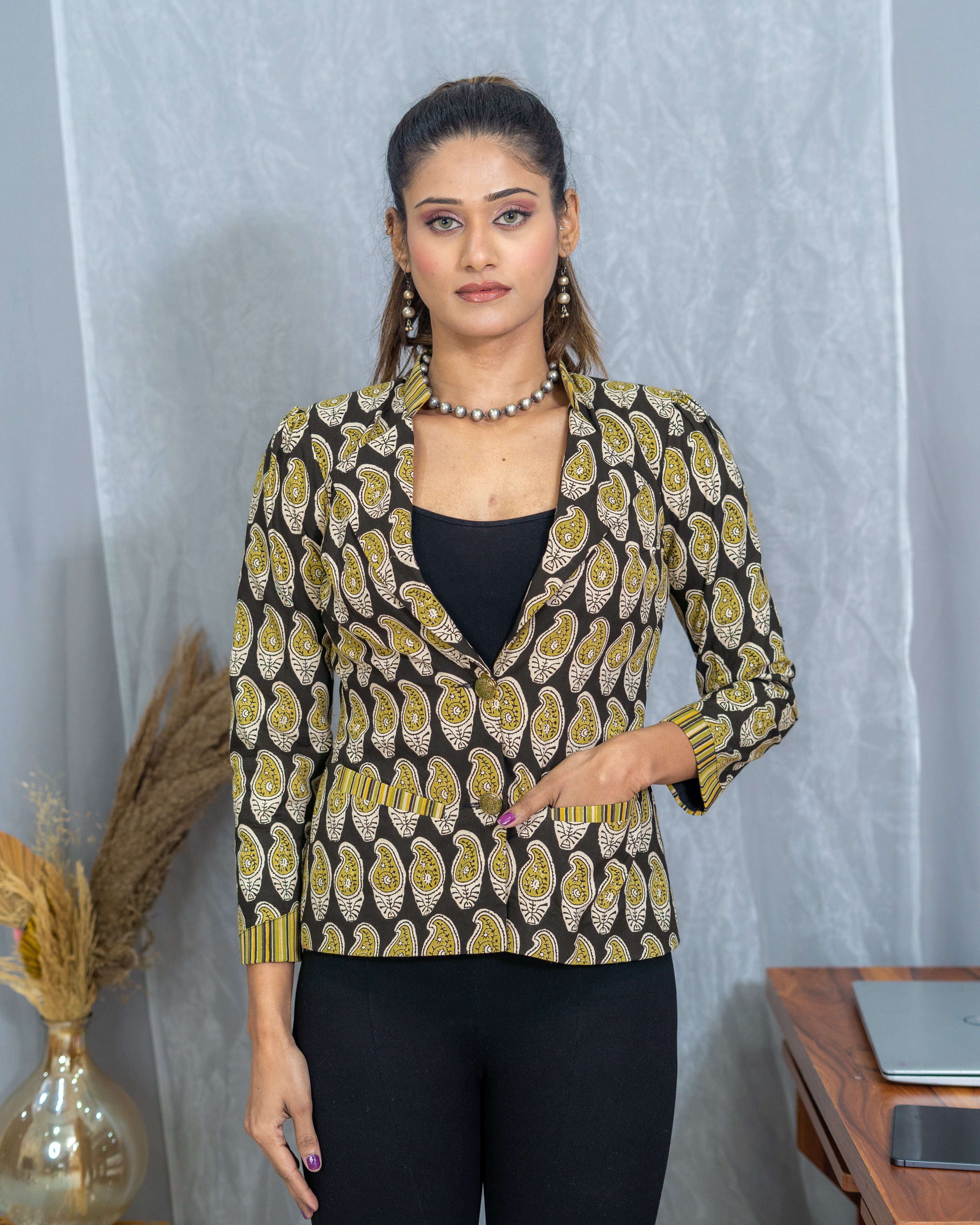 Black Olive Bagru Paisley Handblock Printed Cotton Blazer