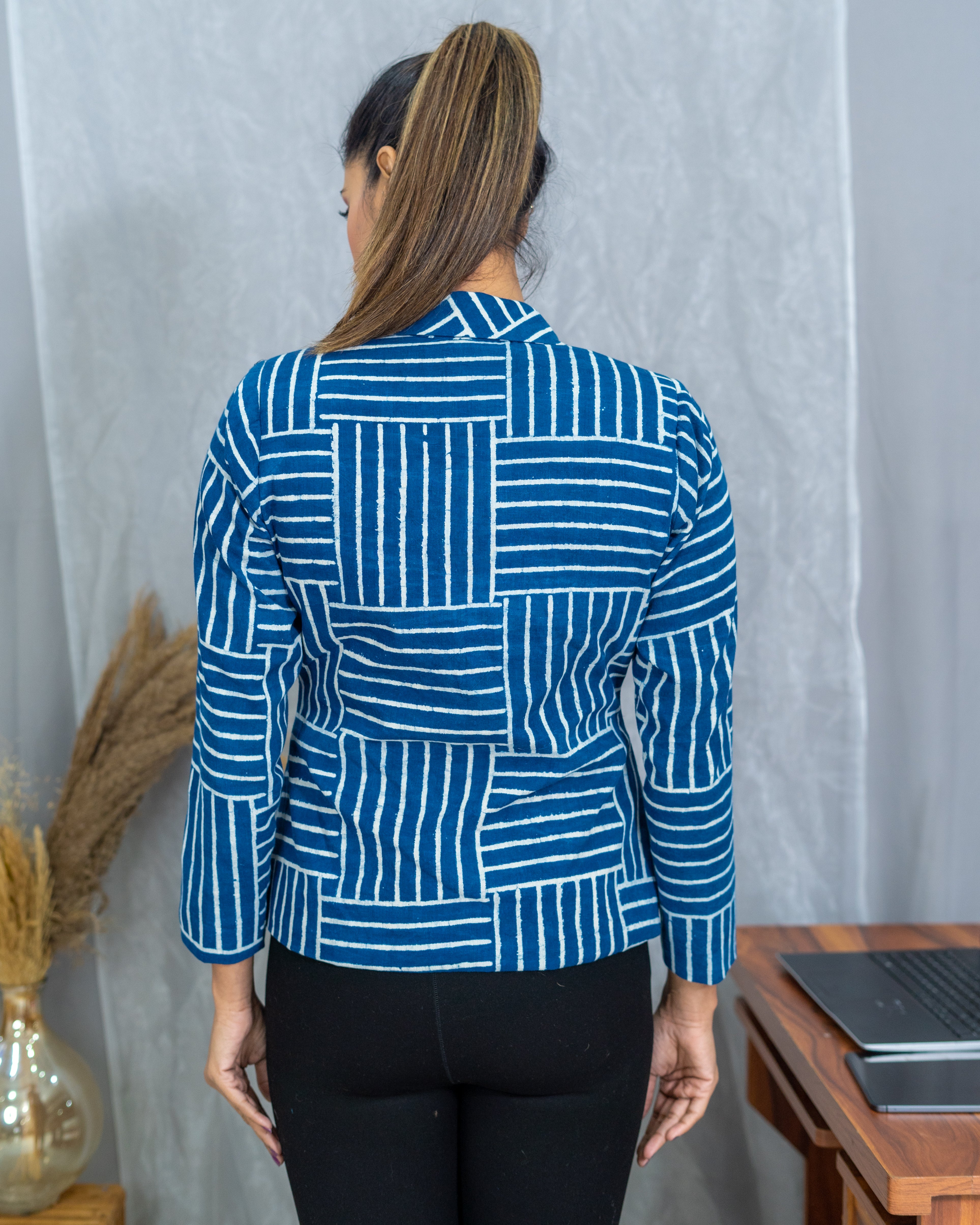 Indigo Dabu Brick Pattern Handblock Printed Cotton Blazer