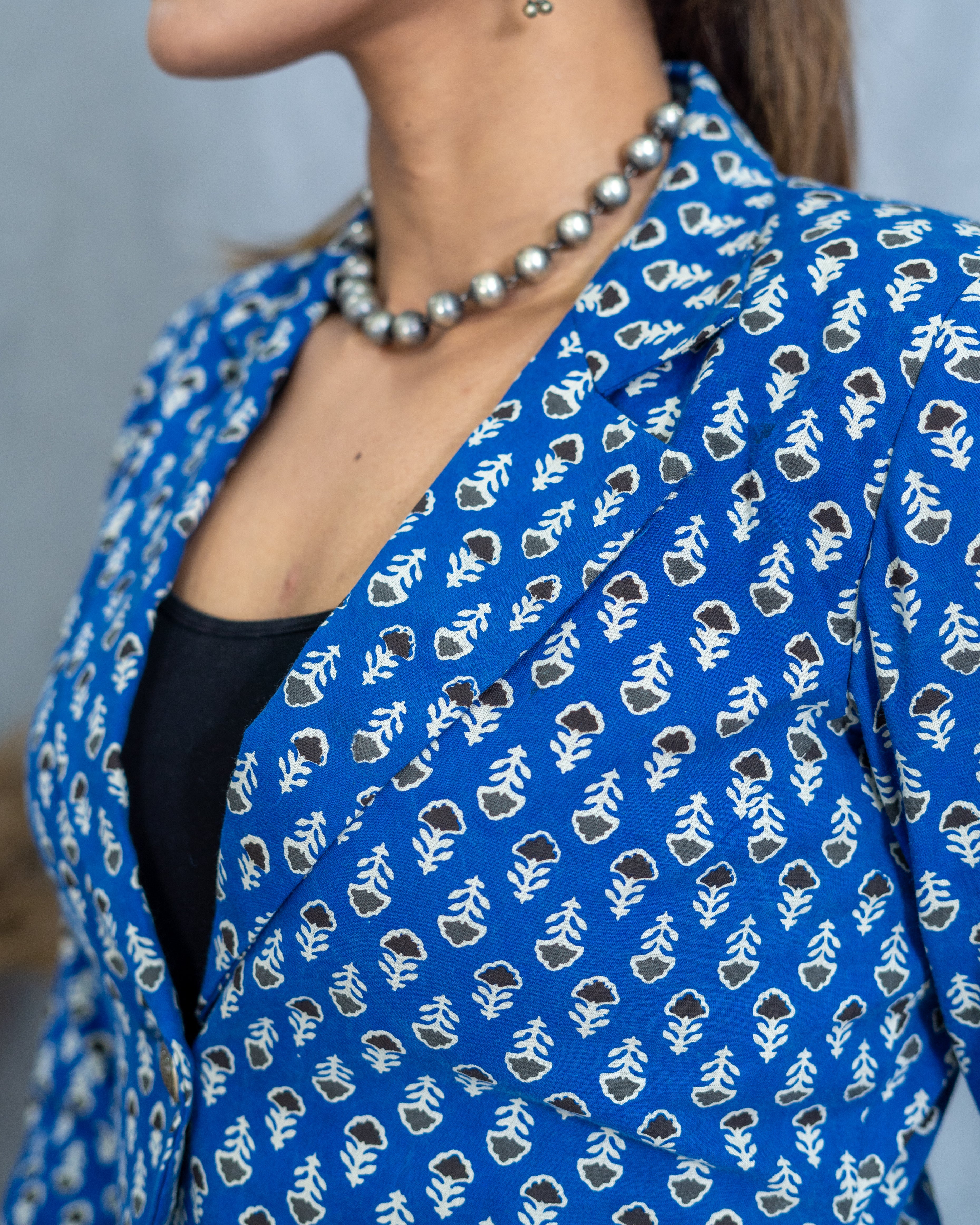 Blue Bagru Booti Handblock Printed Cotton Blazer