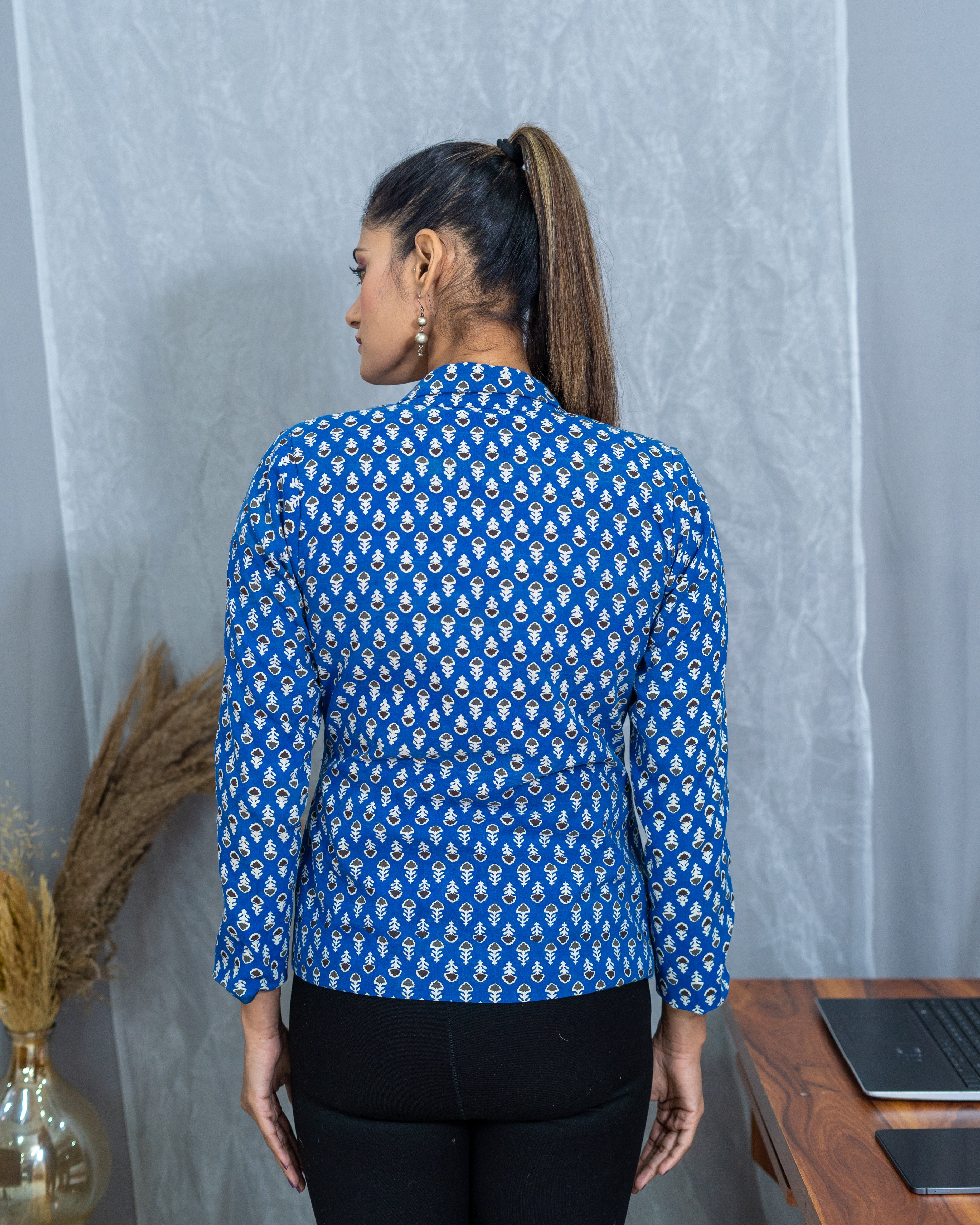 Blue Bagru Booti Handblock Printed Cotton Blazer