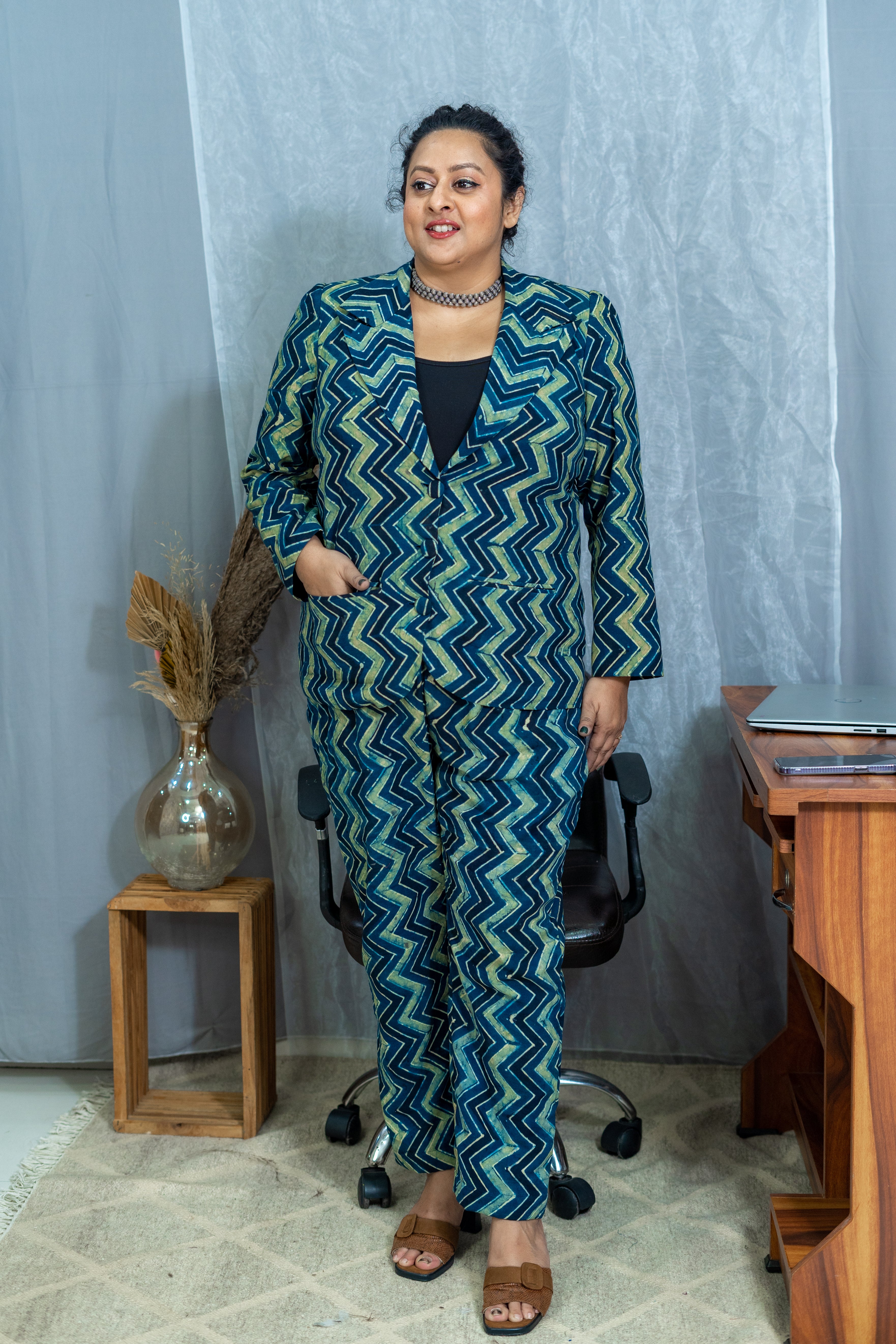 Ajrakh zig zag cotton blazer set