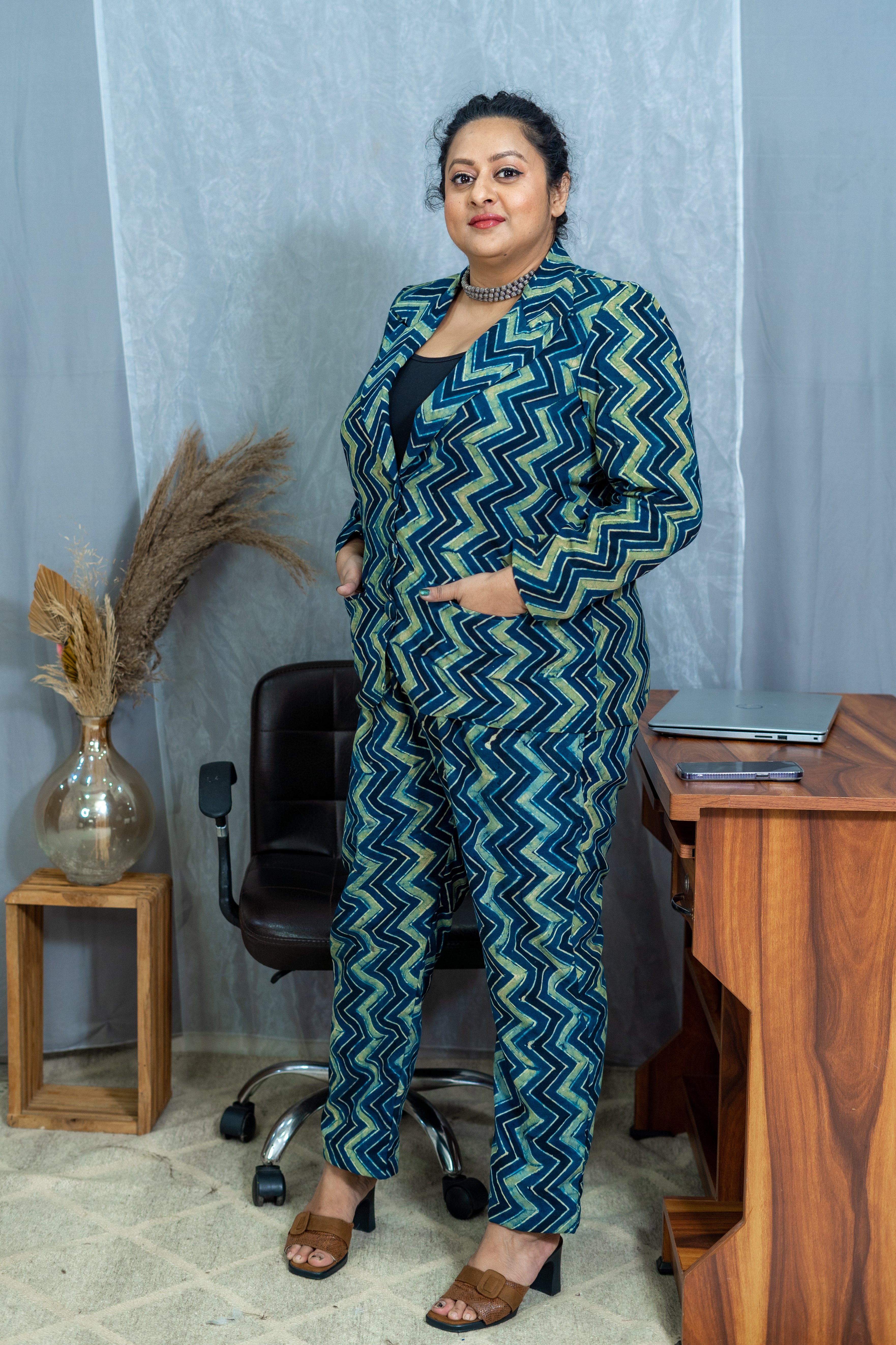 Ajrakh zig zag cotton blazer set
