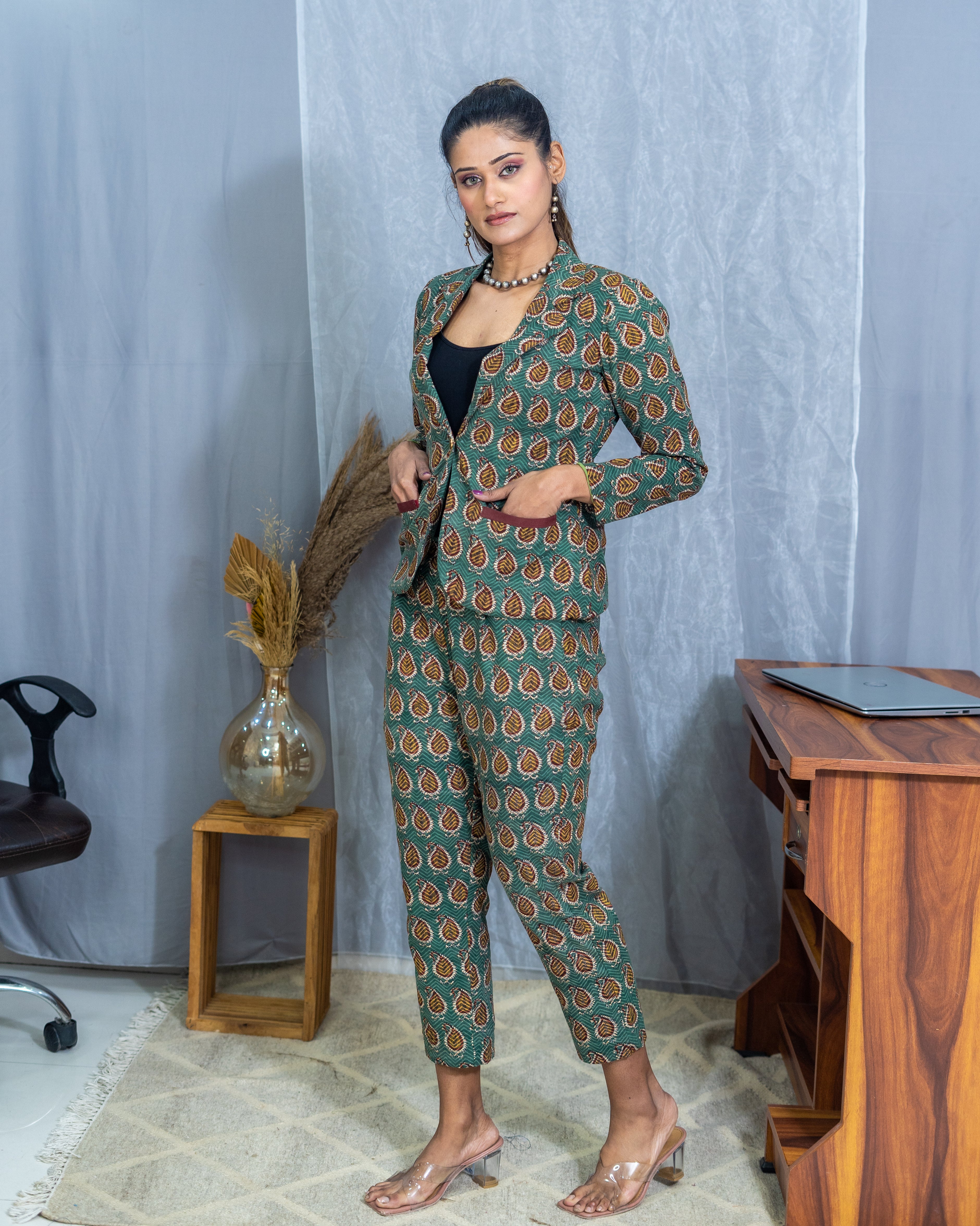 Green bagru handblock cotton blazer set