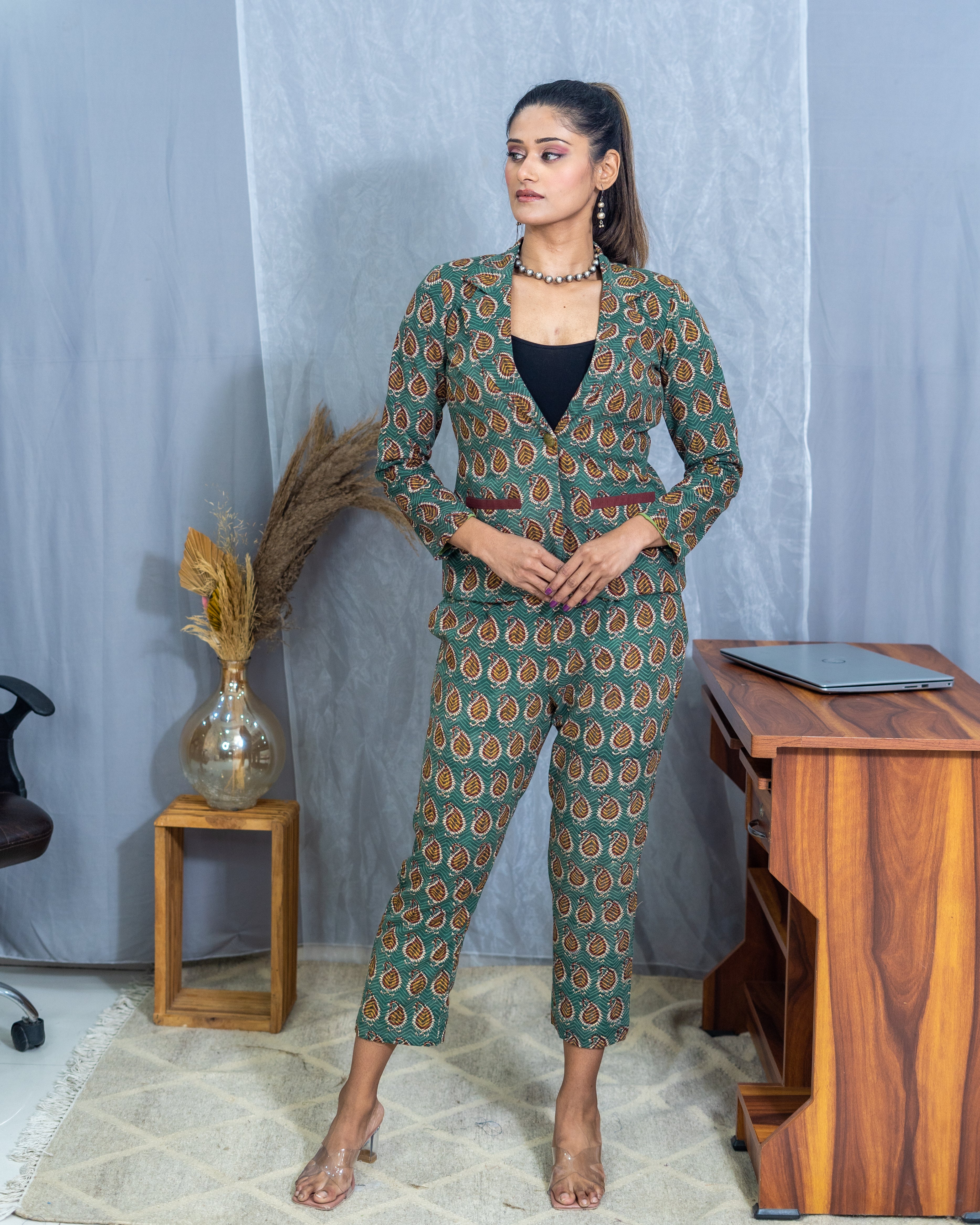 Green bagru handblock cotton blazer set