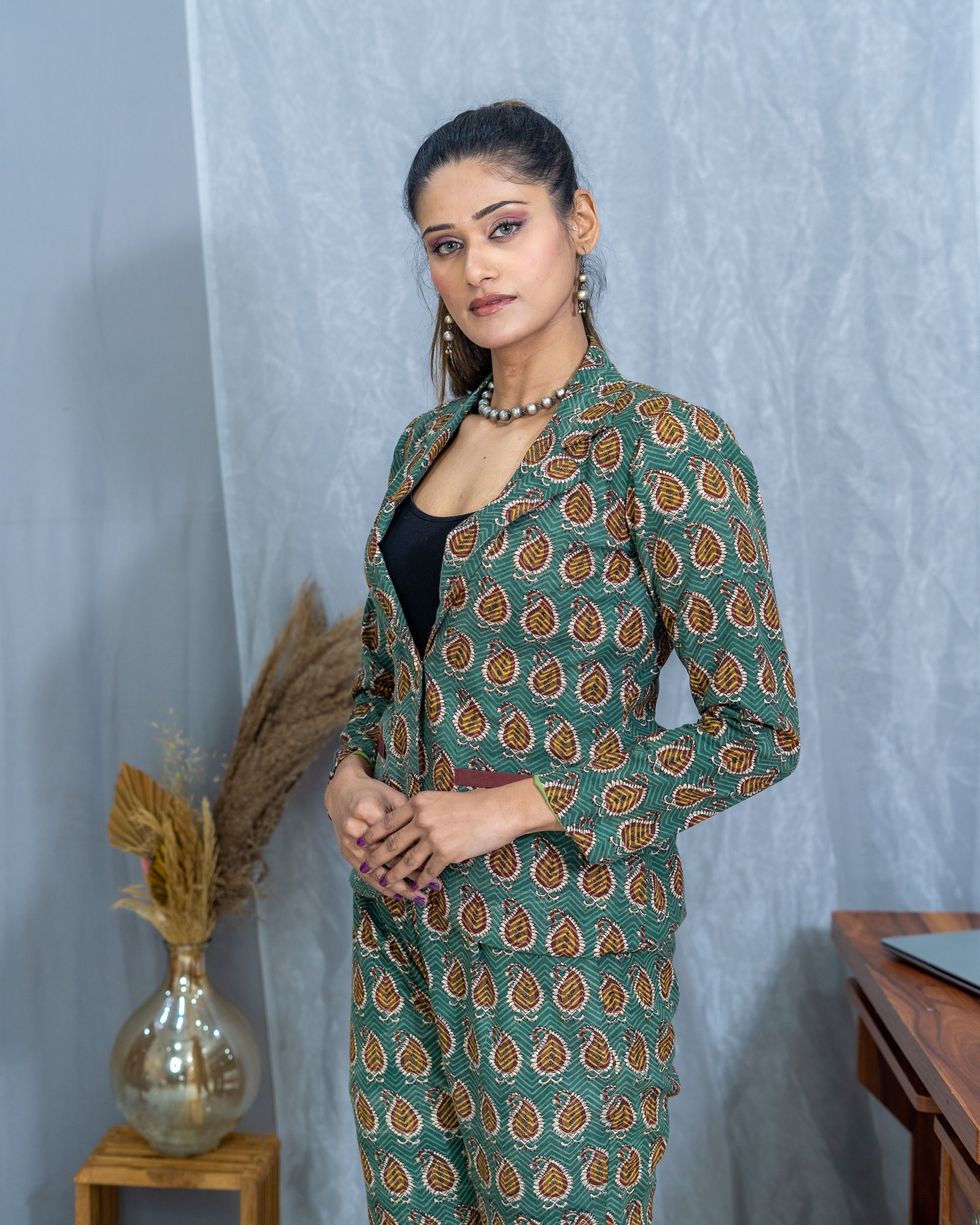 Green bagru handblock cotton blazer set