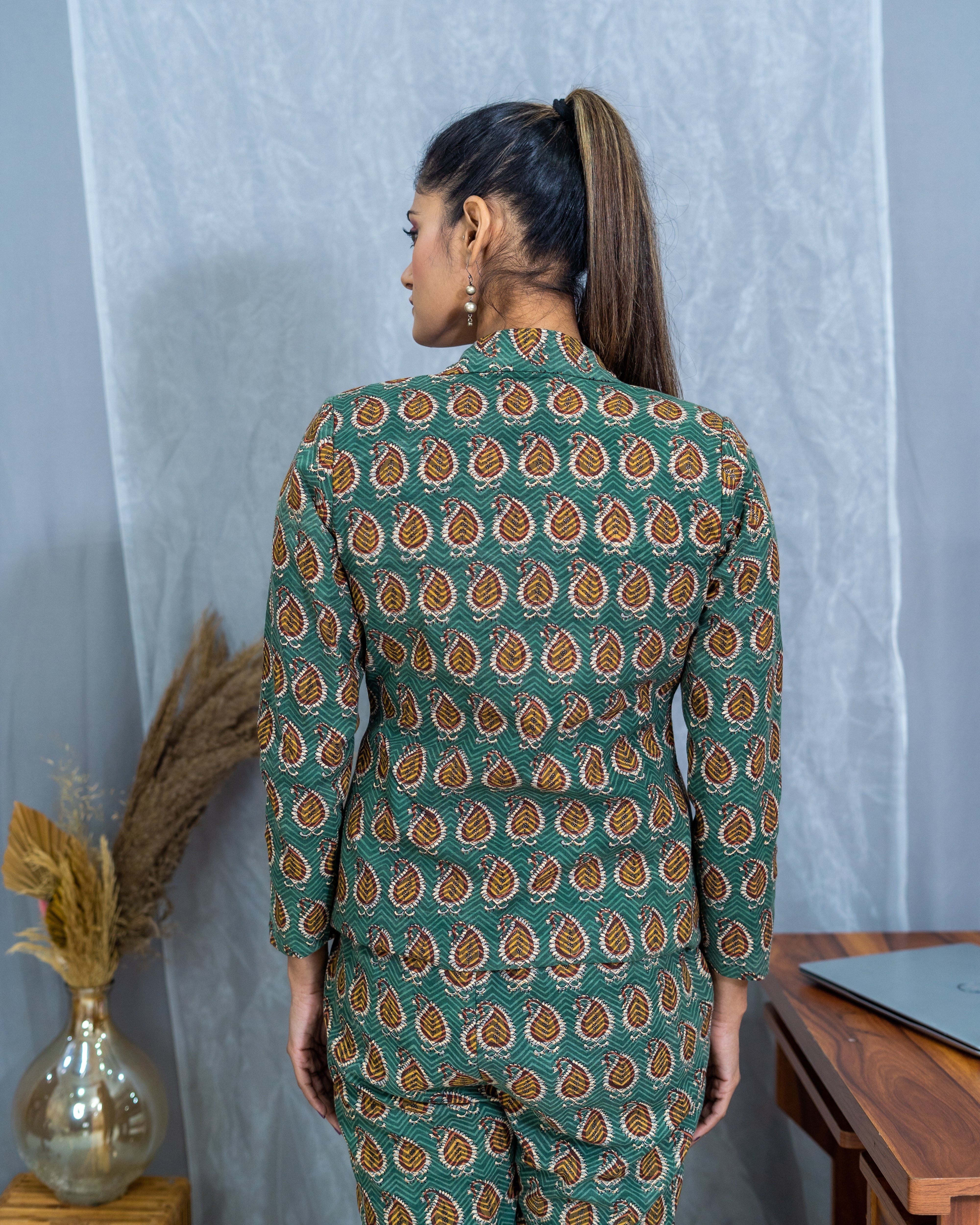 Green bagru handblock cotton blazer set