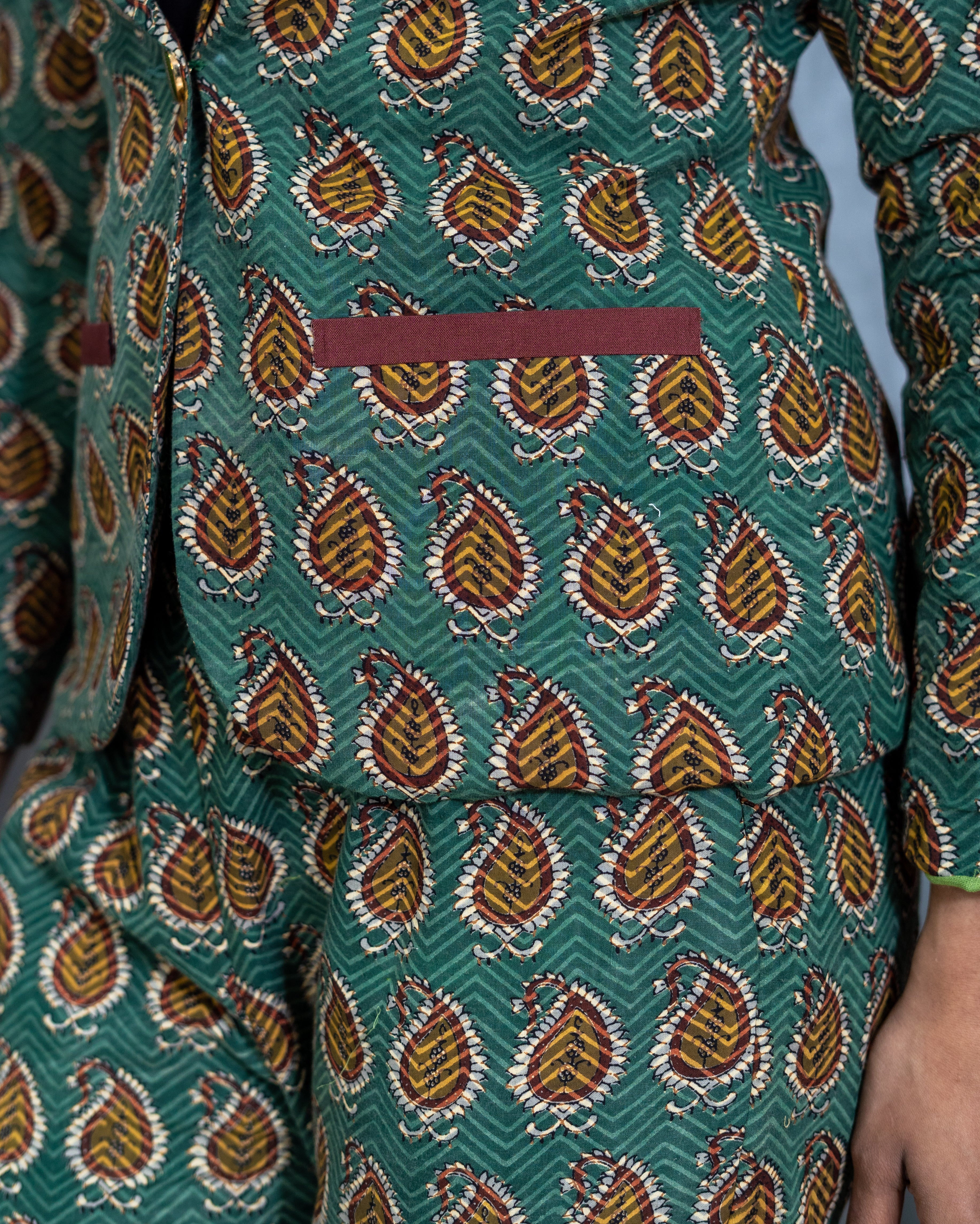 Green bagru handblock cotton blazer set