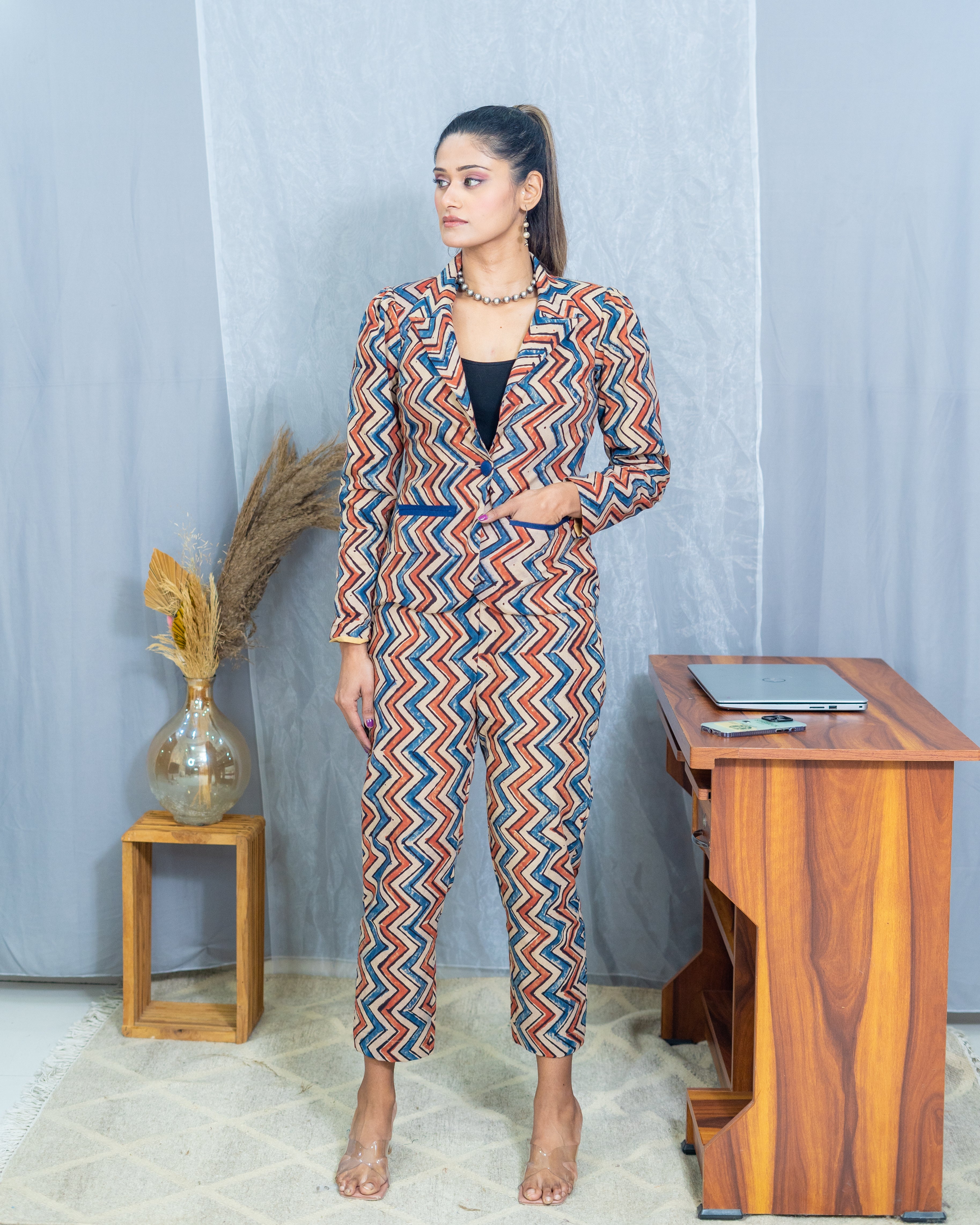 Ajrakh offwhite zig zag cotton blazer set