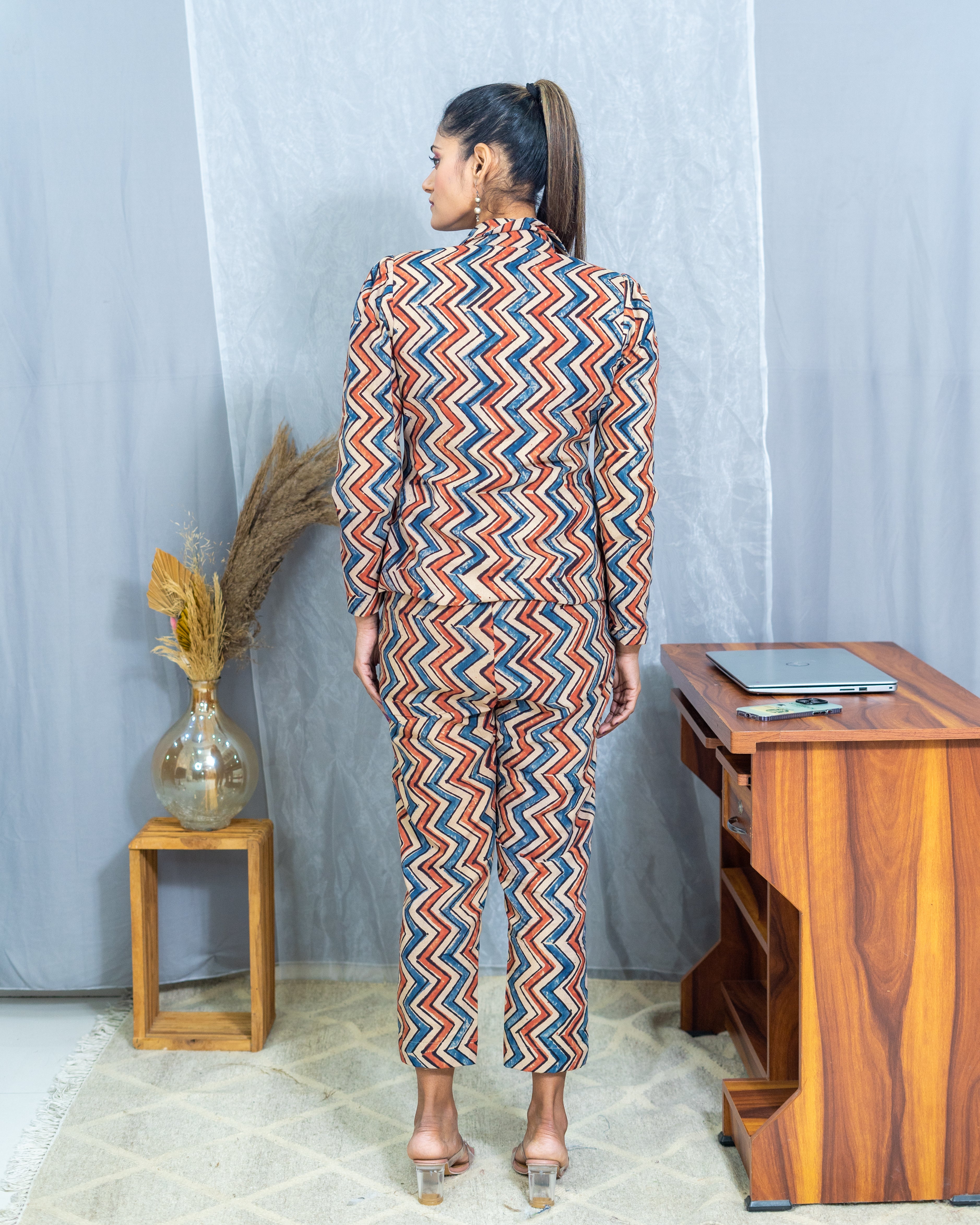 Ajrakh offwhite zig zag cotton blazer set