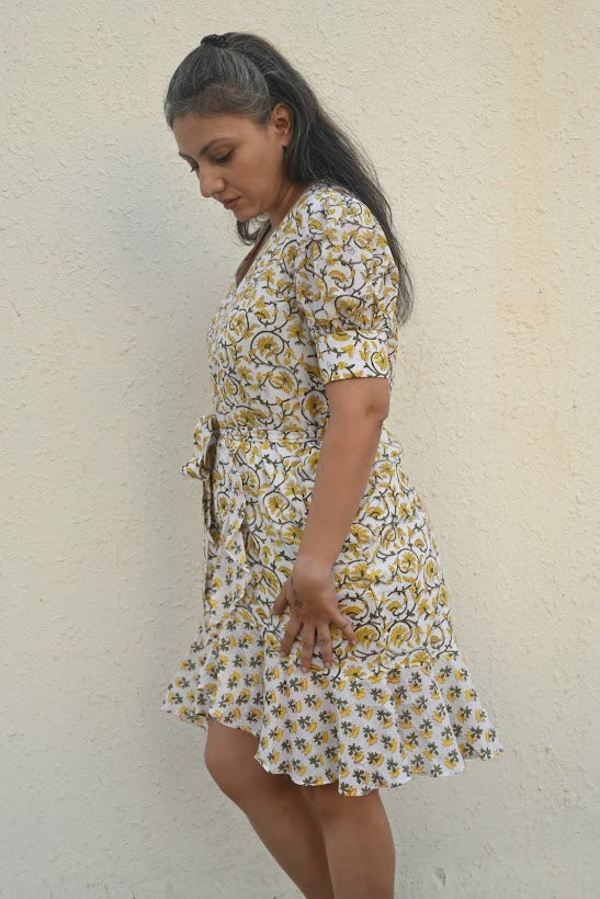 Yellow Sanganeri Handblock Printed Cotton Wrap Dress